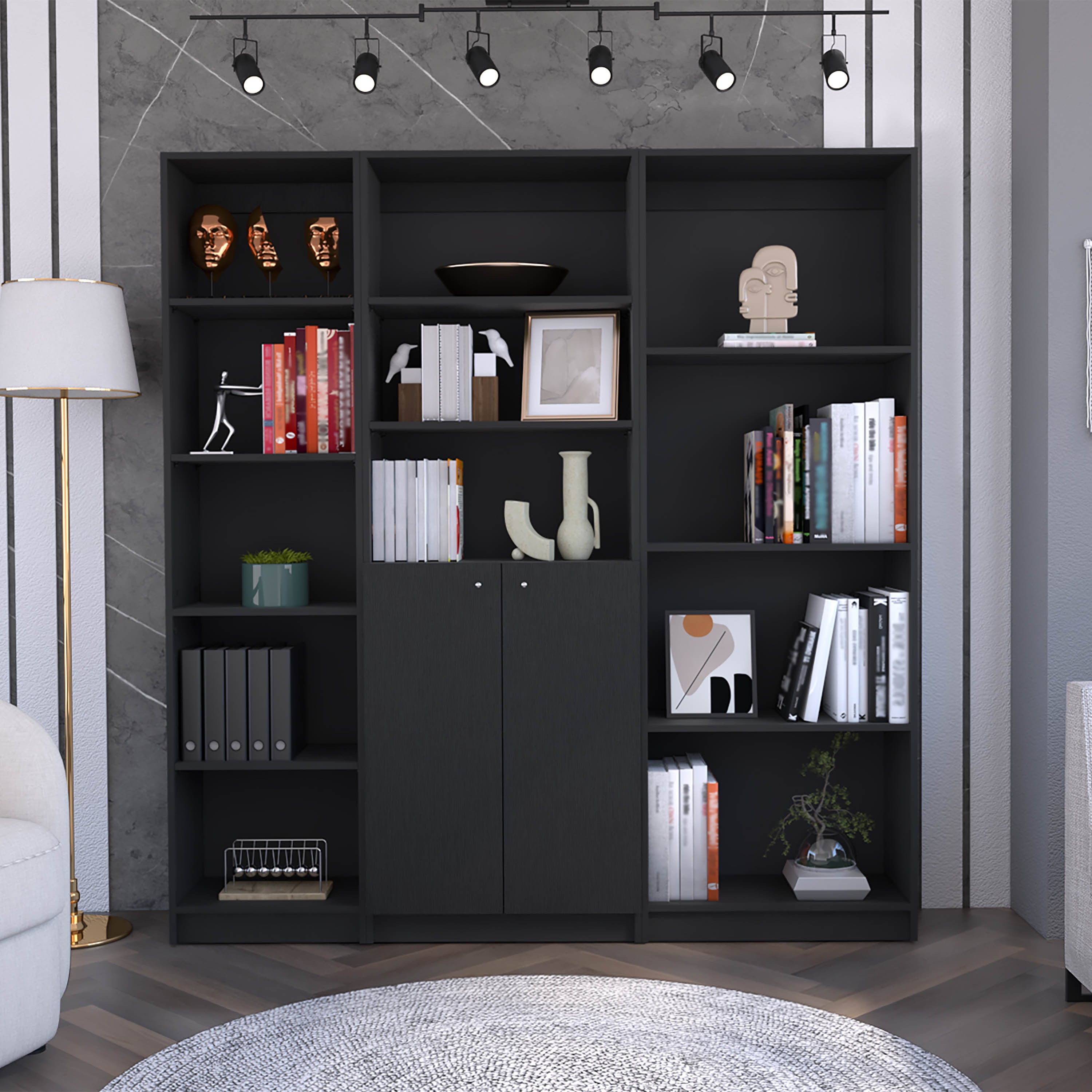 Poole 3 Piece Home Bookcase set, 67' Wide with 12 Shelves and Two-Door Cabinet ,  Living Room Set Set  Black | Premium Home D