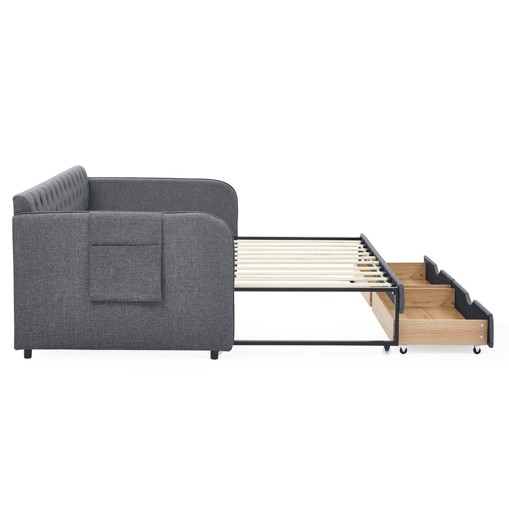 Twin Size Upholstered Daybed with Trundle and Drawers, Dark Gray Linen, Flat Arms, Extendable for Bedroom or Living Room - Grand Goldman Shop