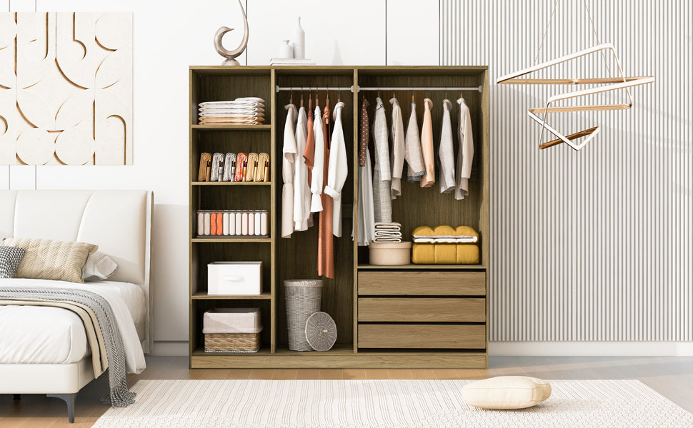 Doorless Wooden Storage Wardrobe for Dedroom with Shelves and 3 Drawers,Nature - Grand Goldman Shop