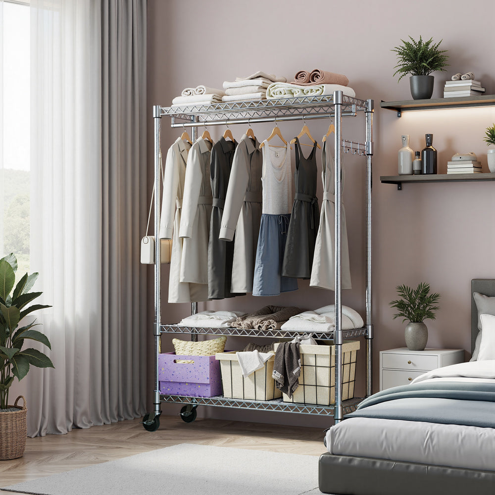 Heavy Duty Garment Rack on Wheels, Rolling Freestanding Closet Organizer and Clothes Rack for Hanging Clothes with 1 Hang Rod, Adjustable Metal Wardrobe, 15.7' D x 45.3' W x 75.6' H, Chrome - Grand Goldman Shop