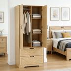 2 Door Wood Wardrobe for Bedroom with Hanging Clothing Rod inside the Cabinet and 2 Drawers for Storage Organization, Built-in induction light Multifunctional Closet with Mirror, Natural - Grand Goldman Shop