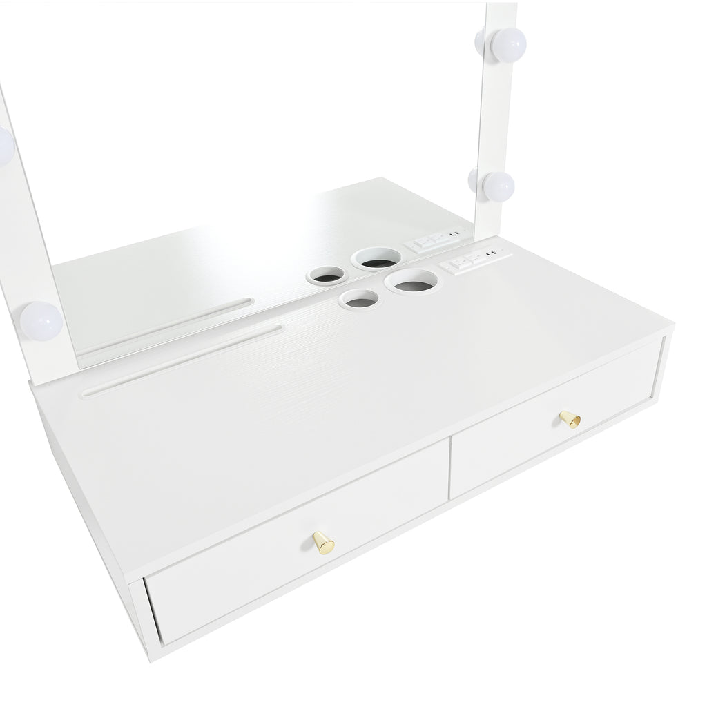 Floating Makeup Vanity Desk with Mirror & 3-Color Lights, Wall Dressing Table with Power Outlet, Compact vanity, Large Storage, White - Grand Goldman Shop
