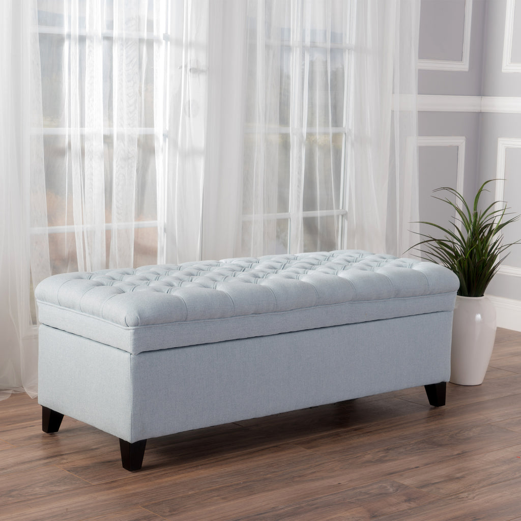 Juliana Storage Ottoman with Fabric Upholstery in Light Blue, Birch Legs, 50 x 20.5 x 18.3 Inches - Grand Goldman Shop