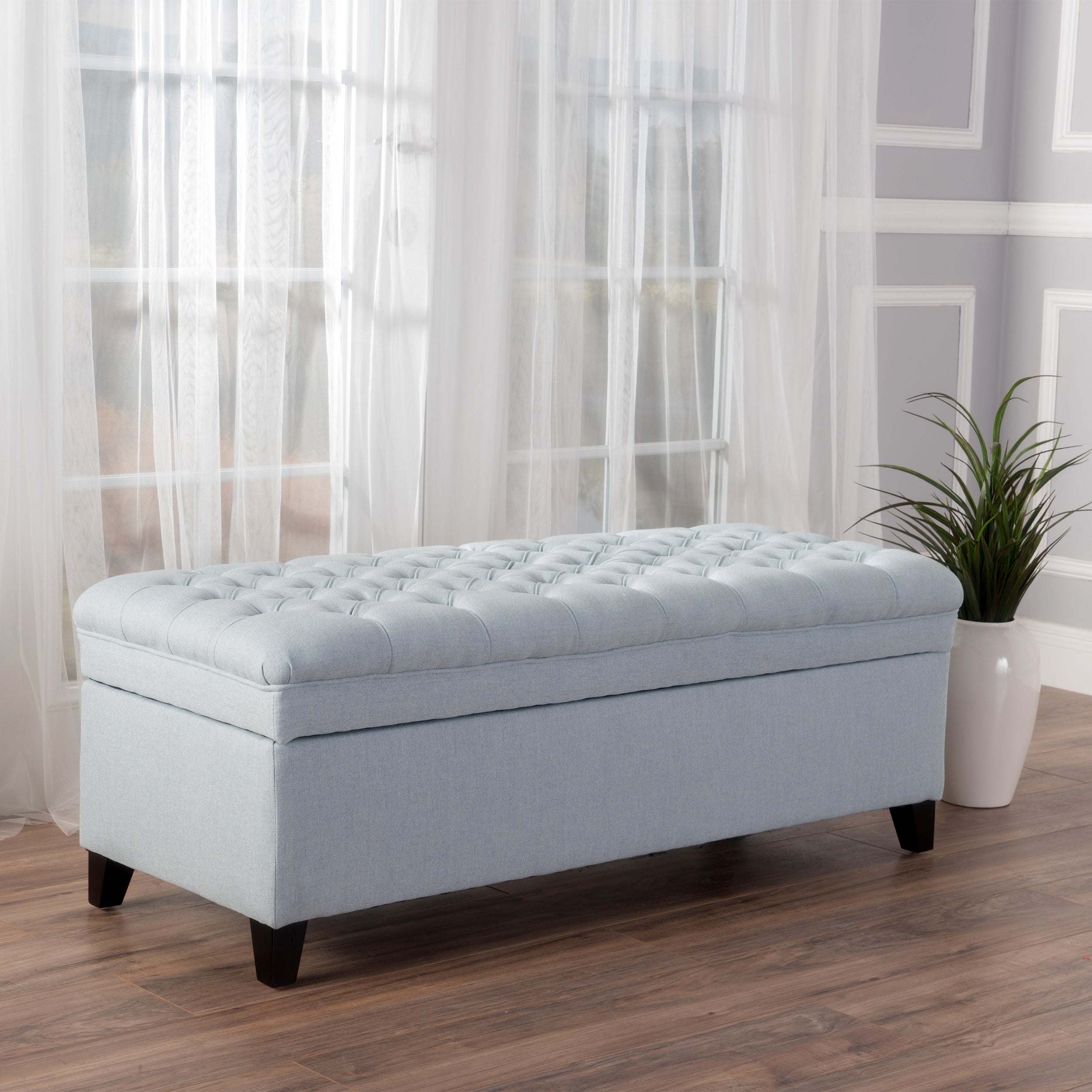 Juliana Storage Ottoman with Fabric Upholstery in Light Blue, Birch Legs, 50 x 20.5 x 18.3 Inches - Grand Goldman Shop