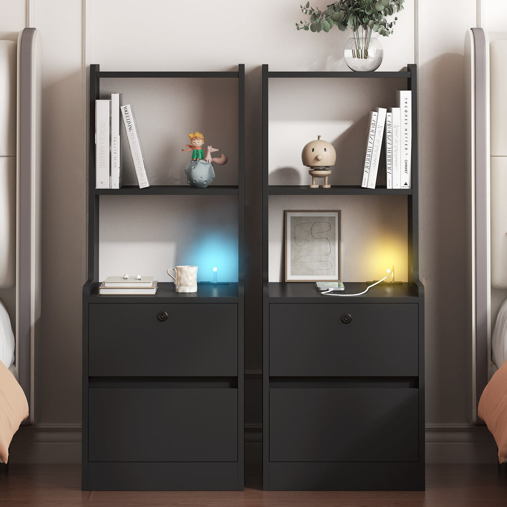 Nightstands Set of 2, with Charging Station, Smart Nightstand with Night Light, Modern Night Stand with Bookshelf, Bedside Tables with Storage Cabinet for Bedroom, Black - Grand Goldman Shop