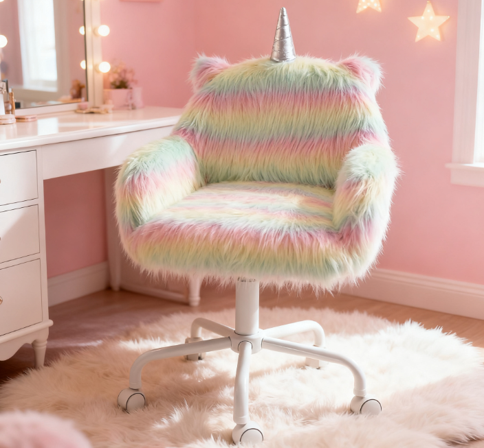 Rainbow Fuzzy Unicorn Office Chair, Plush Desk Chair with Swivel Base, Whimsical & Cozy for Playroom & Office | Premium Home 