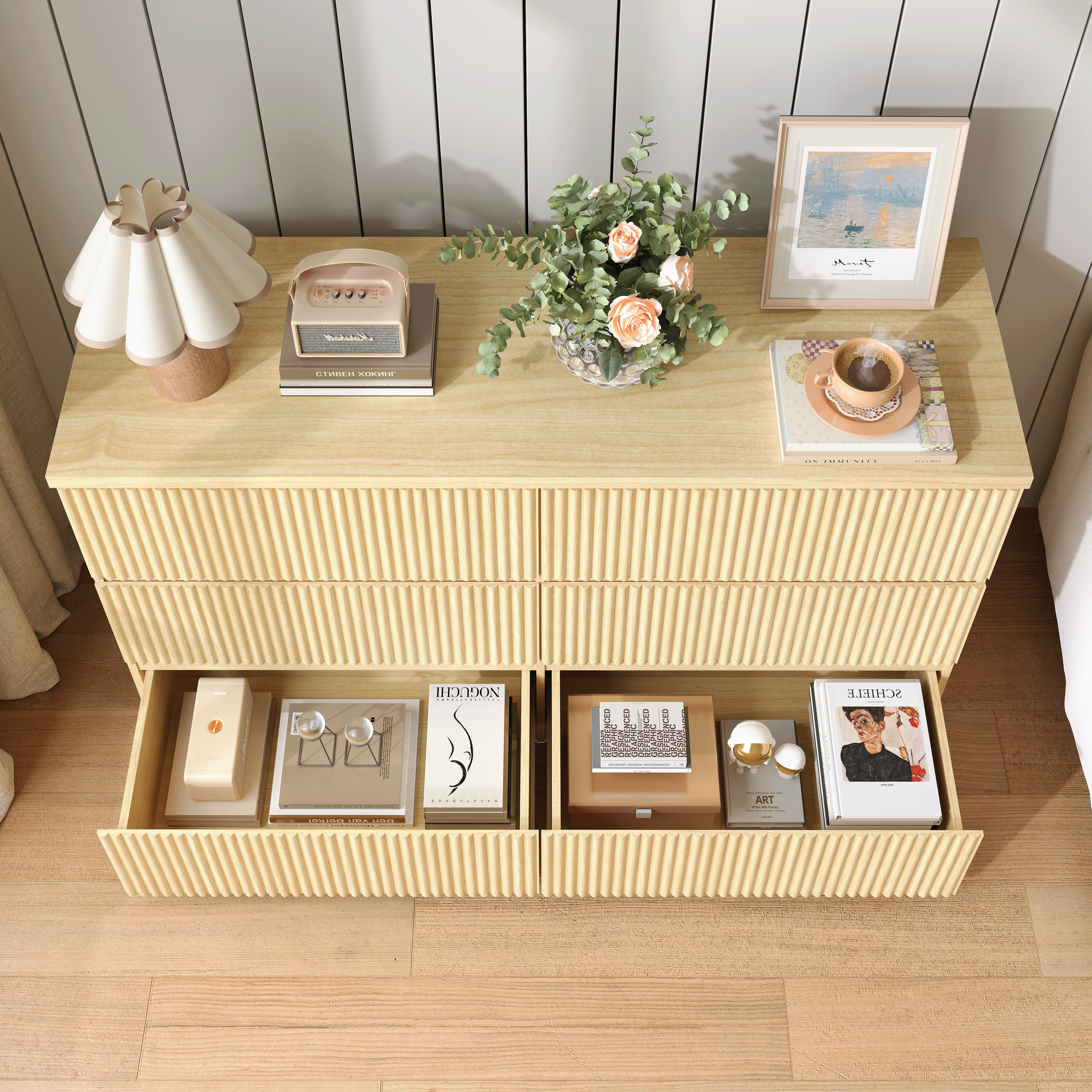 6 Drawer Storage Cabinet ,Dresser, Wood Storage Tower Clothes Organizer with Wavy drawer panel, Wide Chest of 6 Drawers, Large Storage Space for Bedroom, Hallway, Entryway Living Room Natural - Grand Goldman Shop