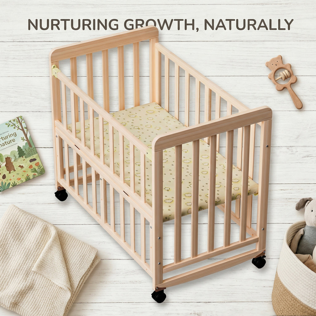 Portable Pine Wood Bedside Bassinet with 3 Heights, Natural Wood Mini Crib for Newborns 0-36 Months, Space-Saving Design - Gr