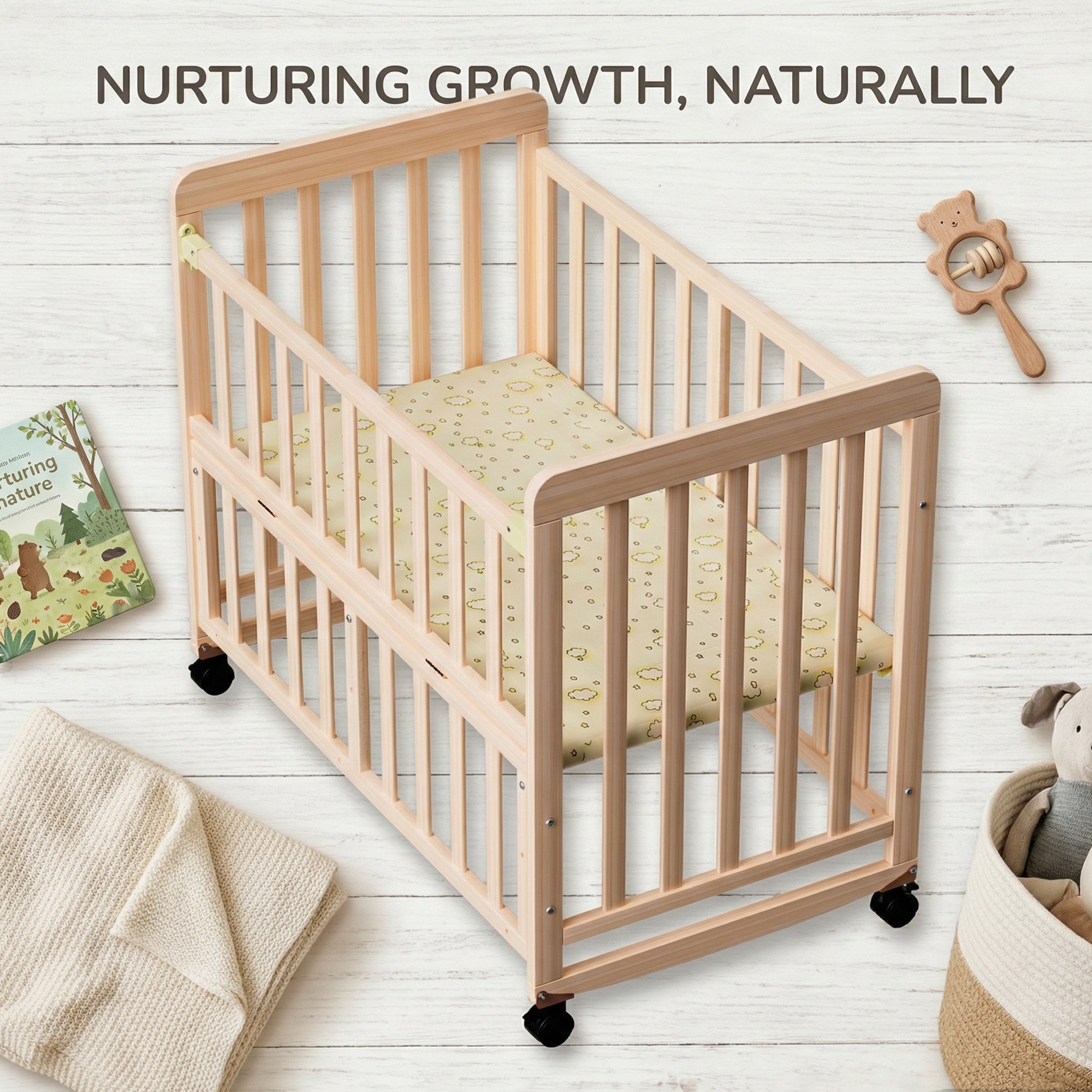 Portable Pine Wood Bedside Bassinet with 3 Heights, Natural Wood Mini Crib for Newborns 0-36 Months, Space-Saving Design - Gr