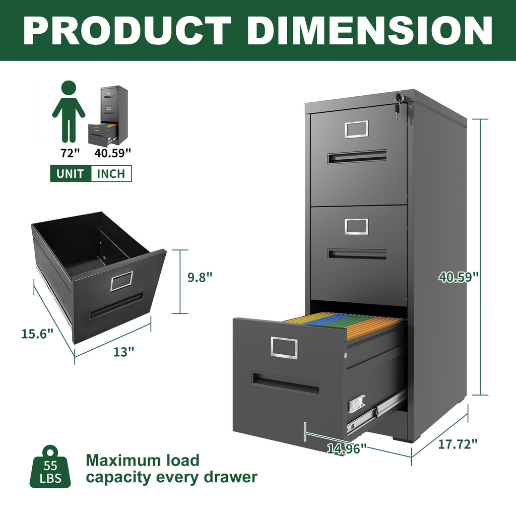 Premium Metal 3 Drawer File Cabinet with Lock for A4 Legal/Letter Size Storage, Black Steel, 15.16x17.72x40.39 inches | Premi