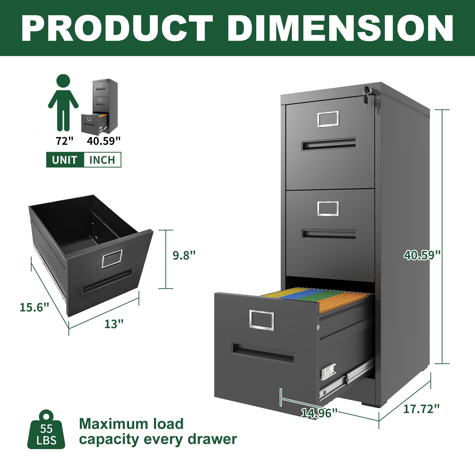 Premium Metal 3 Drawer File Cabinet with Lock for A4 Legal/Letter Size Storage, Black Steel, 15.16x17.72x40.39 inches | Premi