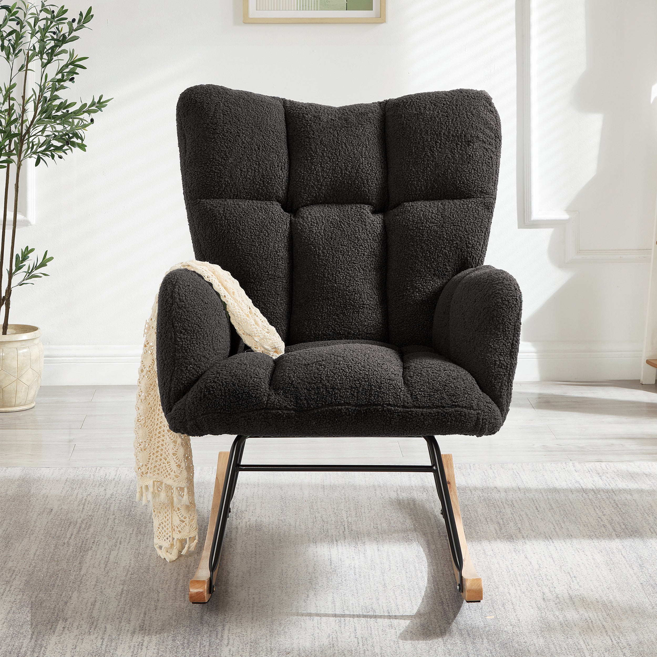 Glider Chair for Living Room Tufted Upholstered Teddy Fabric Rocking Chair with Metal Frame Accent Chair Dark Gray - Grand Goldman Shop