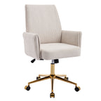 Ergonomic Mid-Back Office Chair with Striped Fabric, White Corduroy, Adjustable Lumbar Support and Gold Base, 25.2 x 24.0 x 3