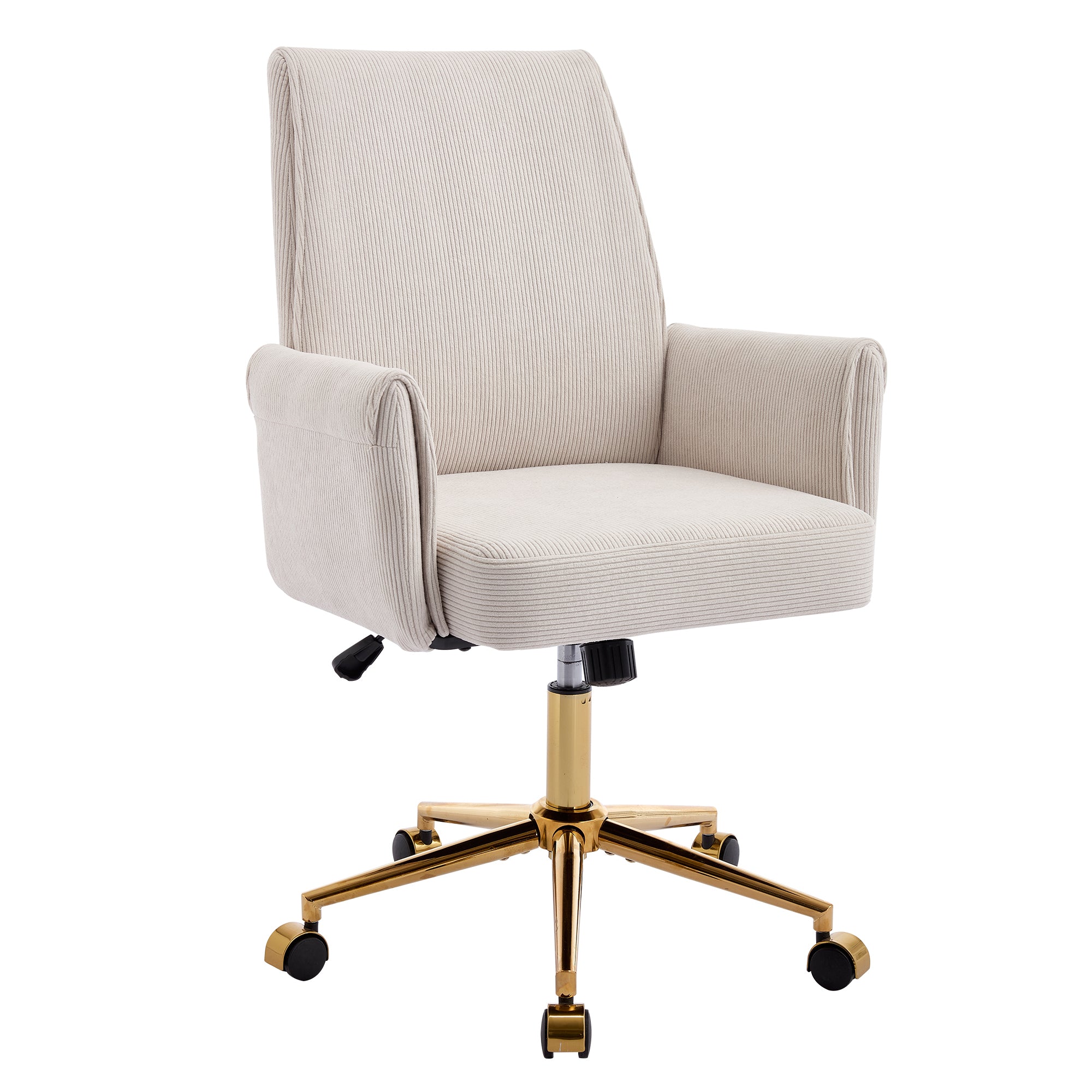 Ergonomic Mid-Back Office Chair with Striped Fabric, White Corduroy, Adjustable Lumbar Support and Gold Base, 25.2 x 24.0 x 3