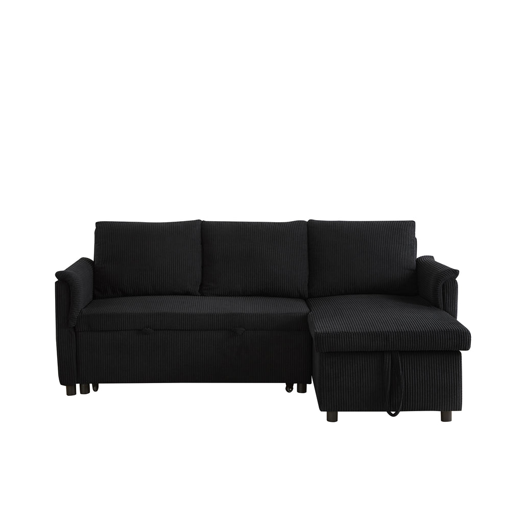 Loveseat Sofa with Chaise Lounge L-Shaped Modular Convertible Sofa with Storage Chaise, Corduroy Tufted Upholstered Sleeper Sectional Sofa,Pull Out Sleep Couch Bed and Reclining Backrest-Black - Grand Goldman Shop