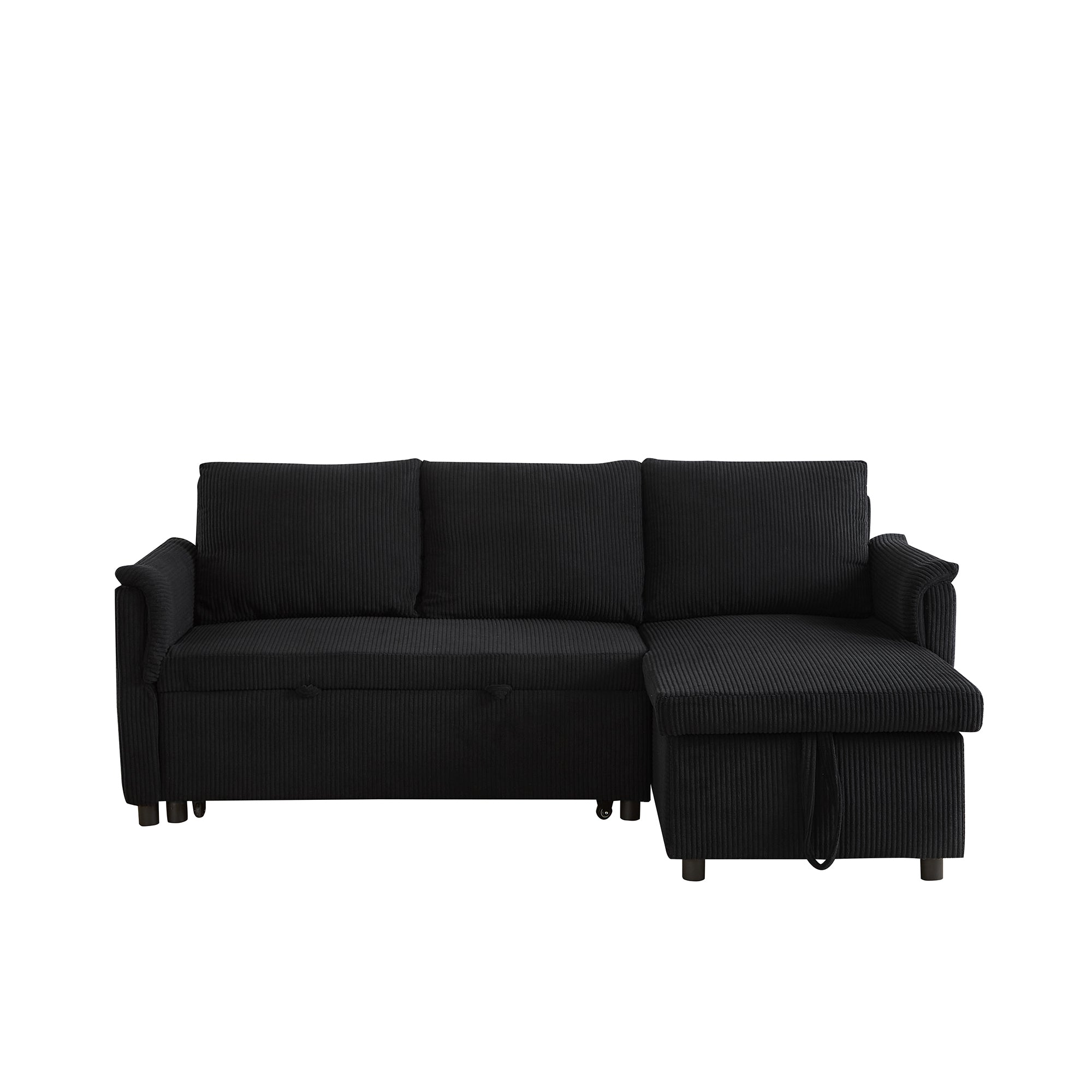 Loveseat Sofa with Chaise Lounge L-Shaped Modular Convertible Sofa with Storage Chaise, Corduroy Tufted Upholstered Sleeper Sectional Sofa,Pull Out Sleep Couch Bed and Reclining Backrest-Black - Grand Goldman Shop