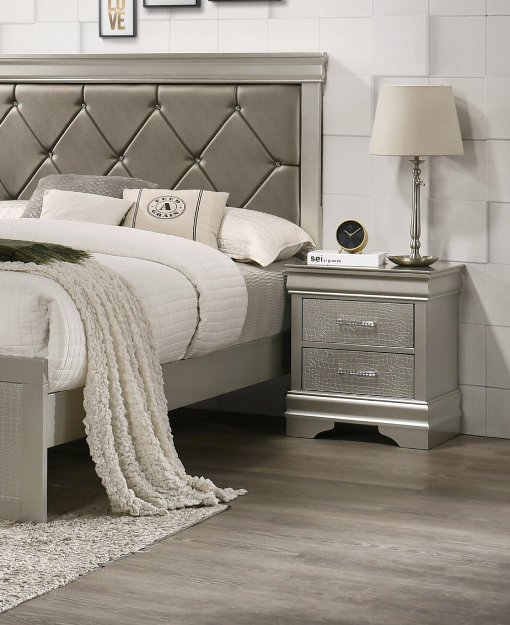 1pc Modern Glam Style Two Drawers Nightstand Champagne Finish Solid Wood Crystal-Like Diamond Tufted Crocodile Texture Bedroom Furniture - Grand Goldman Shop