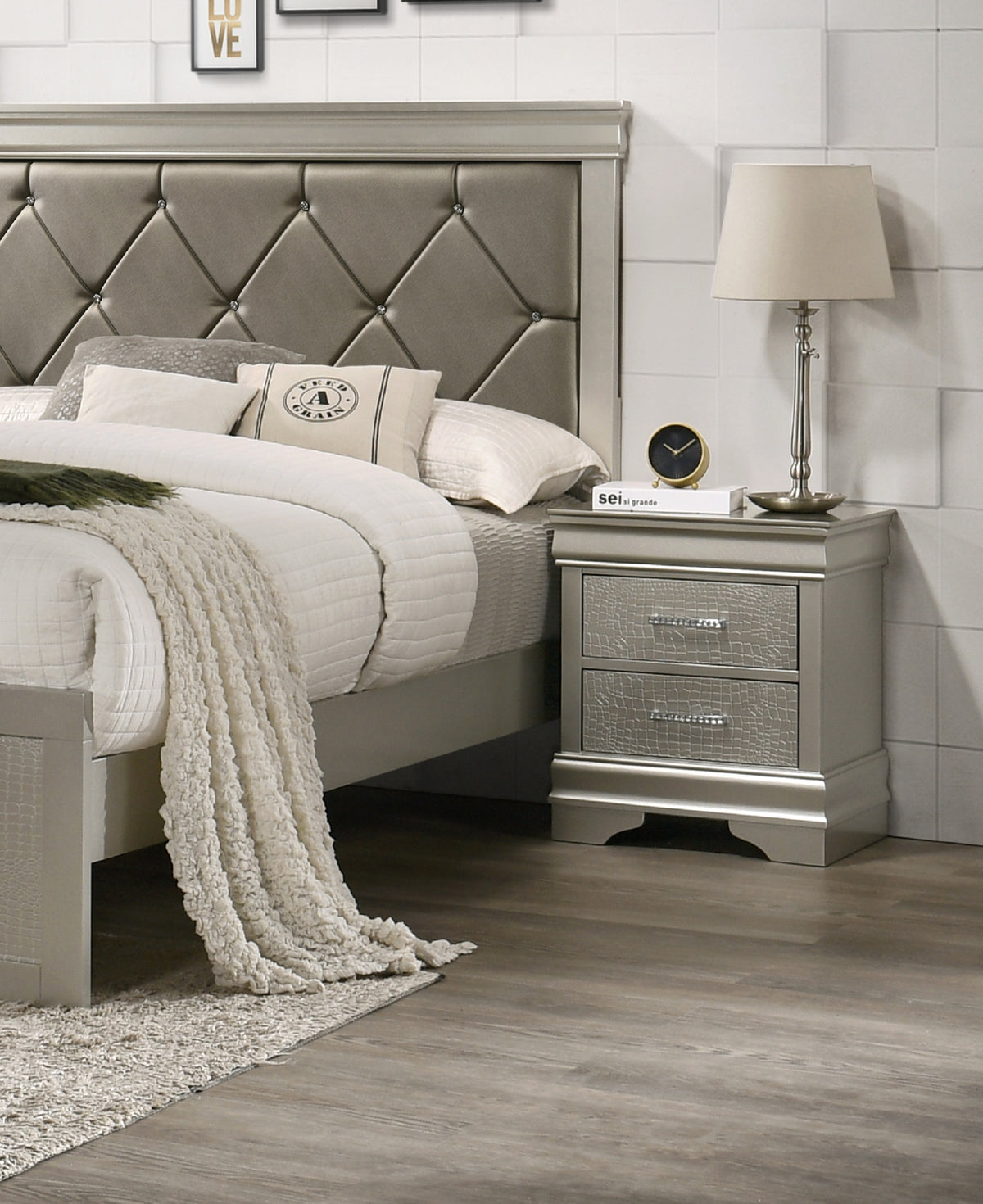 1pc Modern Glam Style Two Drawers Nightstand Champagne Finish Solid Wood Crystal-Like Diamond Tufted Crocodile Texture Bedroom Furniture - Grand Goldman Shop