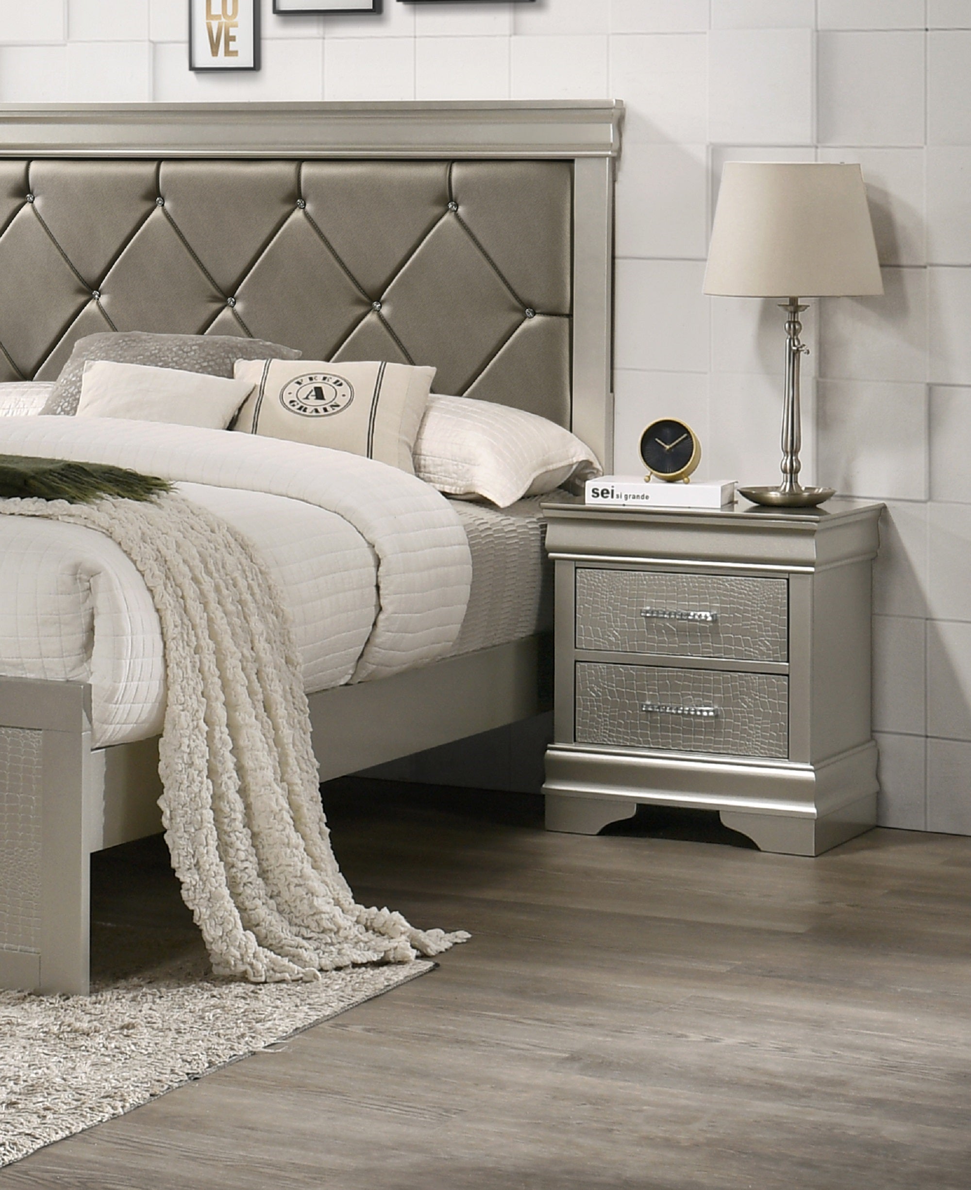 1pc Modern Glam Style Two Drawers Nightstand Champagne Finish Solid Wood Crystal-Like Diamond Tufted Crocodile Texture Bedroom Furniture - Grand Goldman Shop