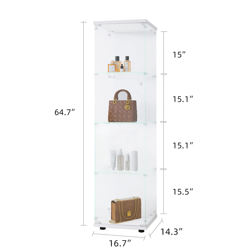 Glass Display Cabinet 4 Shelves with Door, Floor Standing Curio Bookshelf for Living Room Bedroom Office, 64.7'*16.7'*14.3' 
