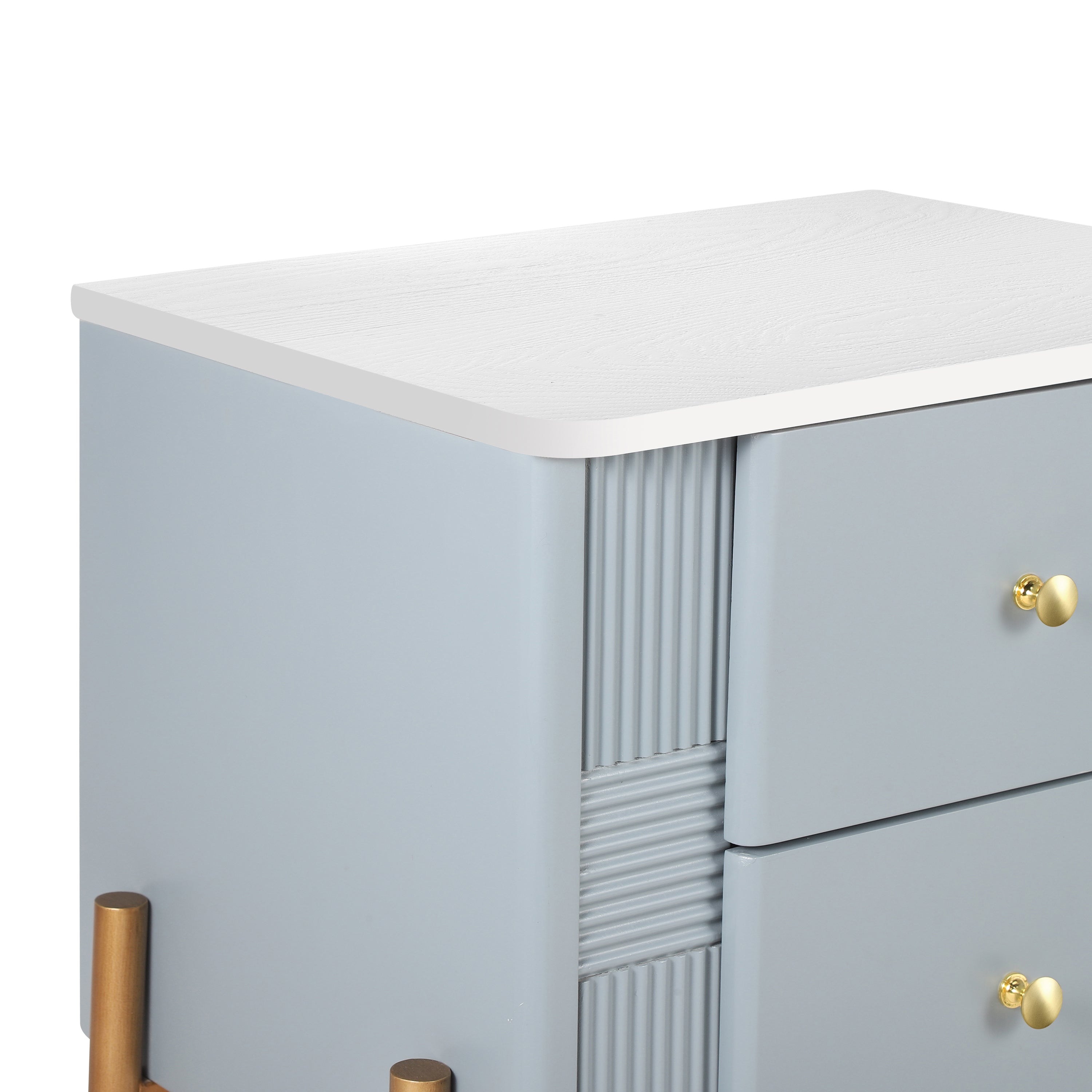 Modern Nightstand with 2 Storage Drawer, Fluted Bedside Table with Golden Metal Handles and Legs, End Table for Living Room and Bedroom, Easy Assembly, Blue - Grand Goldman Shop
