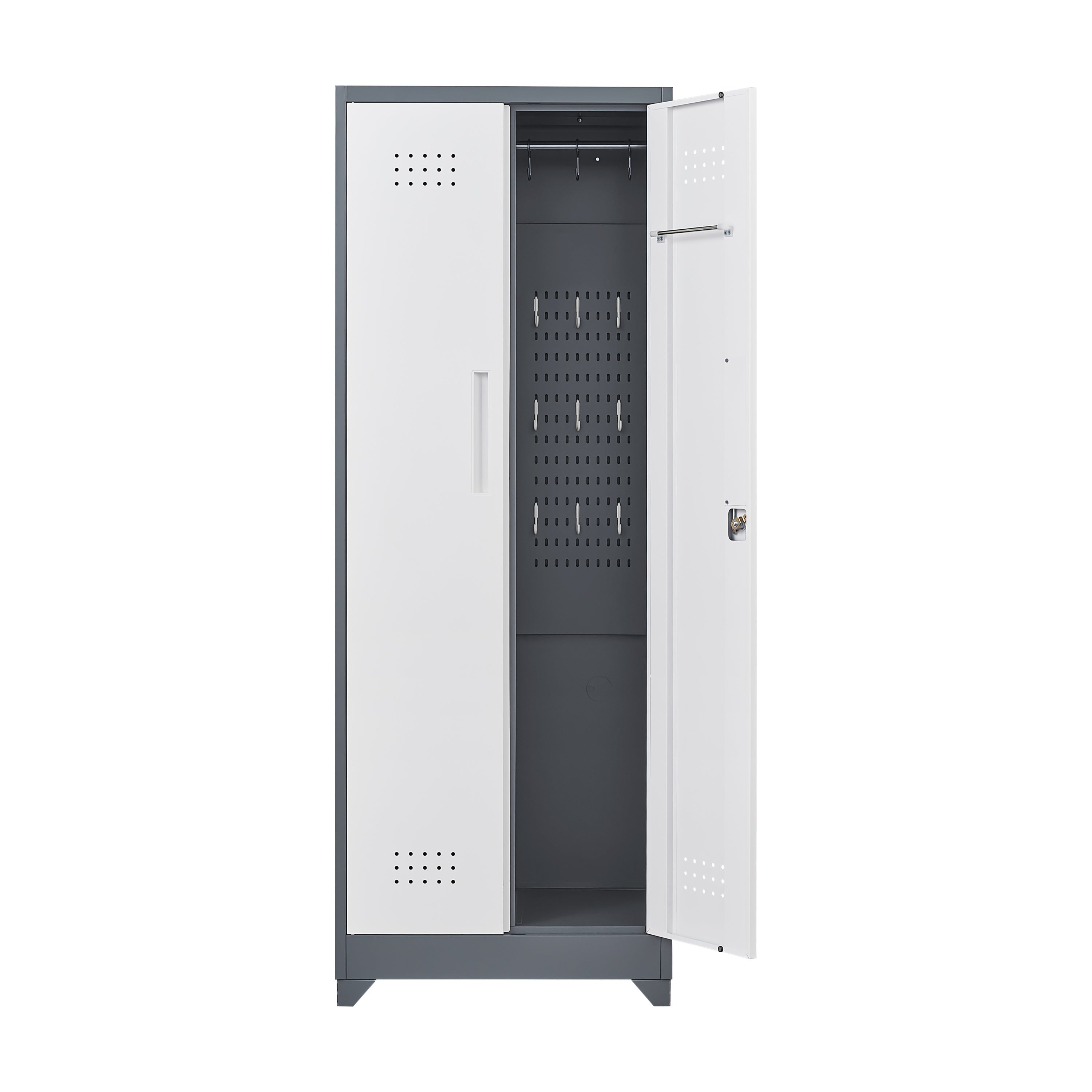 Heavy Duty Grey Metal Storage Cabinet with Locking Doors, Hanging Rod & Shelves, 65' H Broom Closet for Garage or Basement | 
