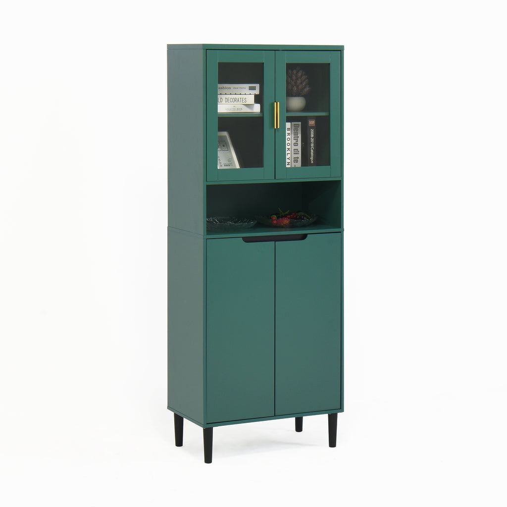 Tempered Glass Door Tall Storage Bookcase with adjustable board, 4 doors MDF painting finished cabinet, Green, Living room Bedroom storage - Grand Goldman Shop