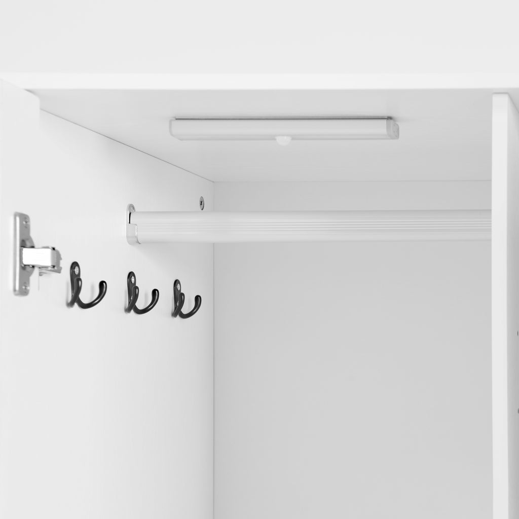 2 Door Wood Wardrobe for Bedroom with Hanging Clothing Rod inside the Cabinet and 2 Drawers for Storage Organization, Built-in induction light Multifunctional Closet with Mirror, White - Grand Goldman Shop