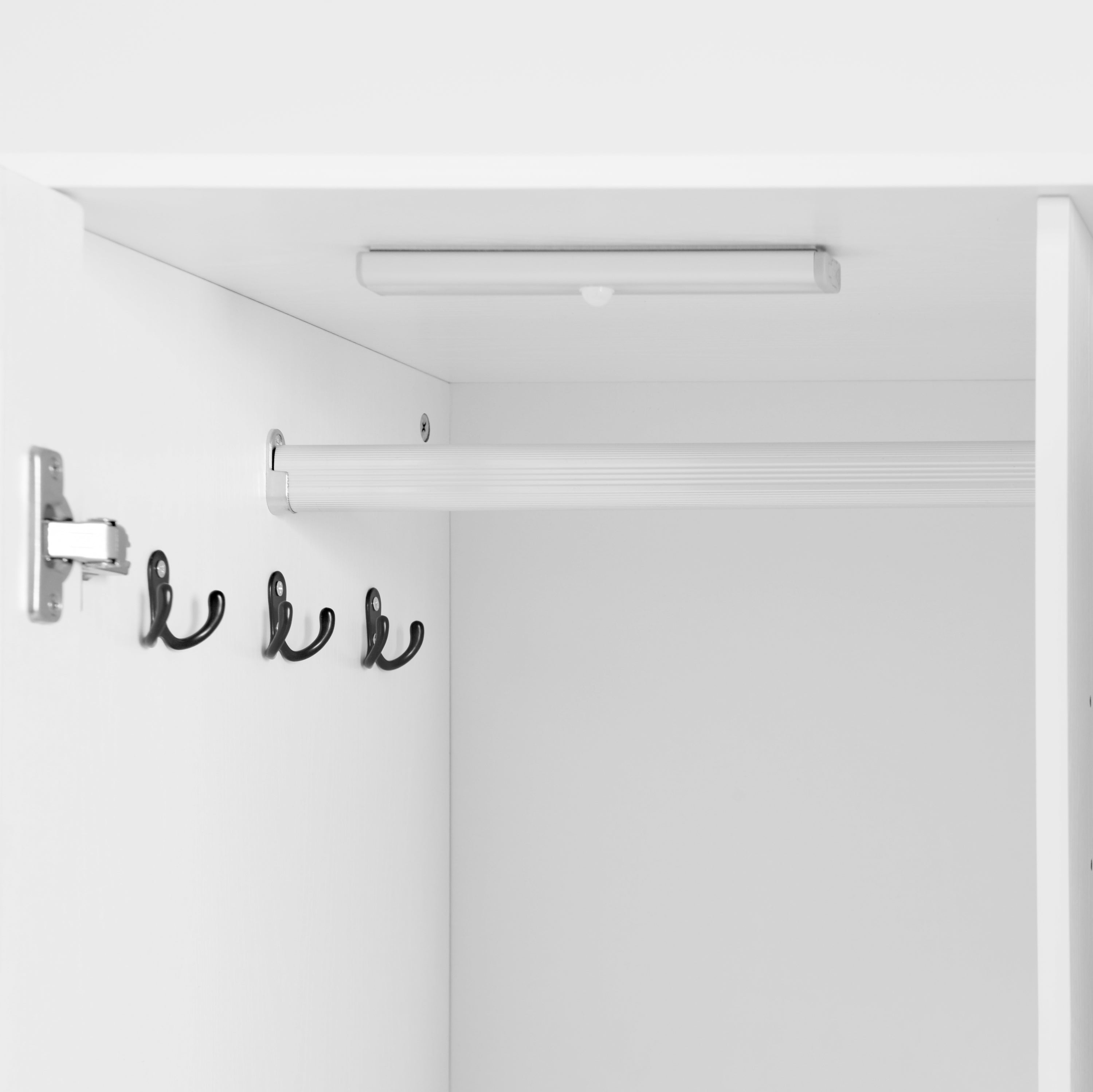2 Door Wood Wardrobe for Bedroom with Hanging Clothing Rod inside the Cabinet and 2 Drawers for Storage Organization, Built-in induction light Multifunctional Closet with Mirror, White - Grand Goldman Shop