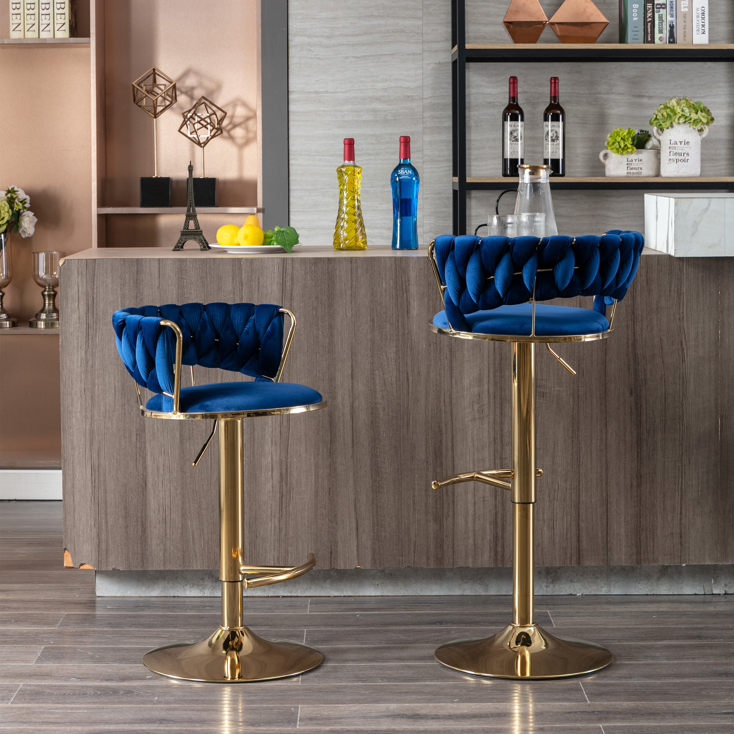 Set of 2  Bar Stools,with Chrome Footrest and Base Swivel Height Adjustable Mechanical Lifting Velvet + Golden Leg Simple Bar Stool-BLUE - Grand Goldman Shop