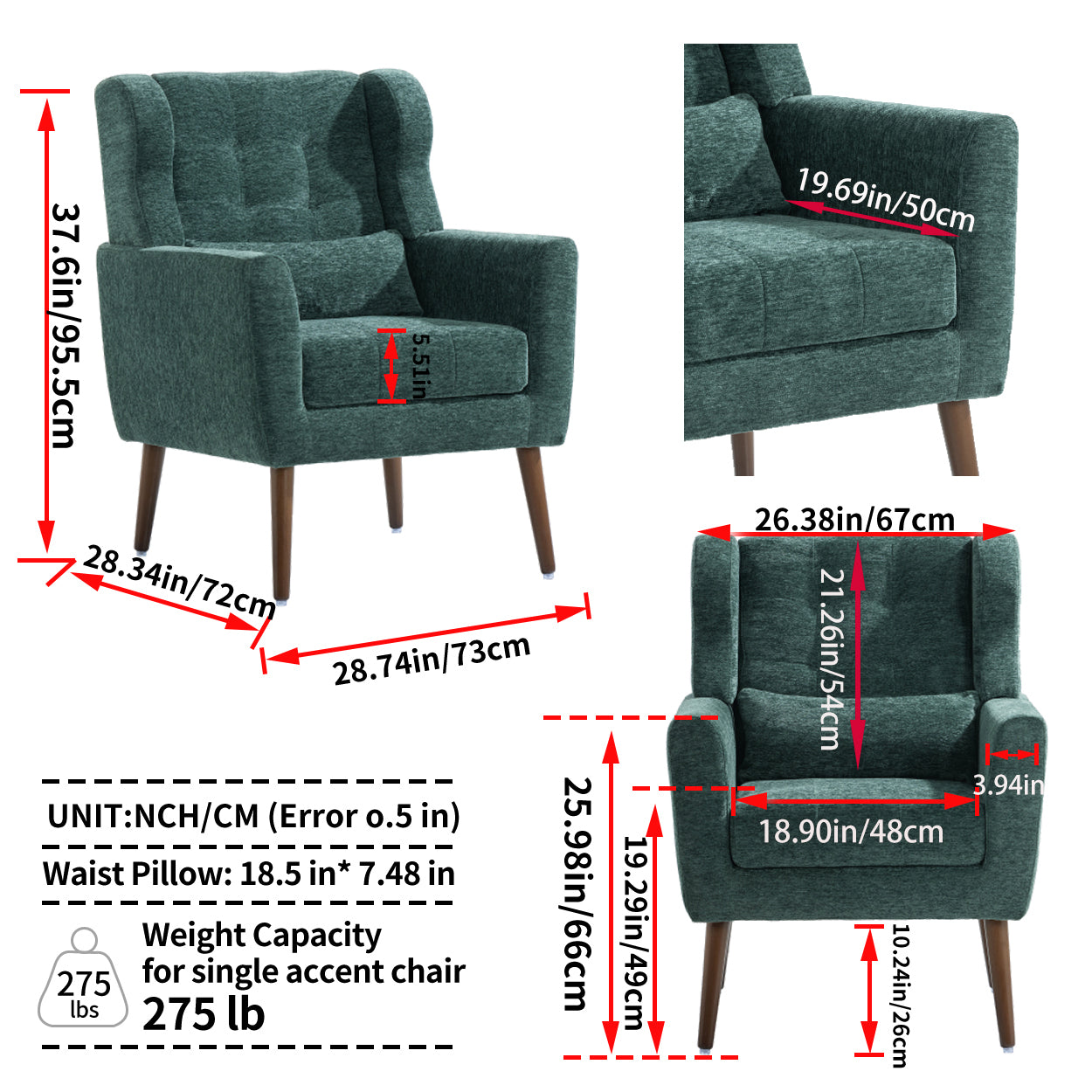 Modern Accent Chair,Chenille Arm Chairs for Living Room,Upholstered Mordern Armchair,Comfy Soft Padded Lounge Chair in Small Space, Bedroom, w/Pillow, Solid Wood Leg (Blackish Green) - Grand Goldman Shop