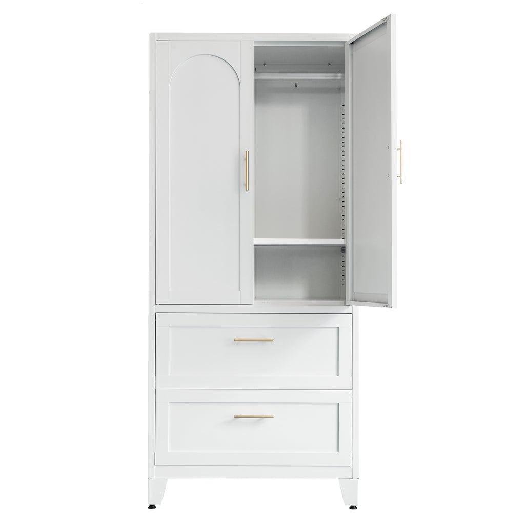 71' Tall Metal Wardrobe Cabinet with 2 Drawers and Hanging Rod, 2 Doors Wardrobe Closet with Shelf for Bedroom, Office, Laundry Room,Entryway ,Foyer,Guesthouse (White) - Grand Goldman Shop