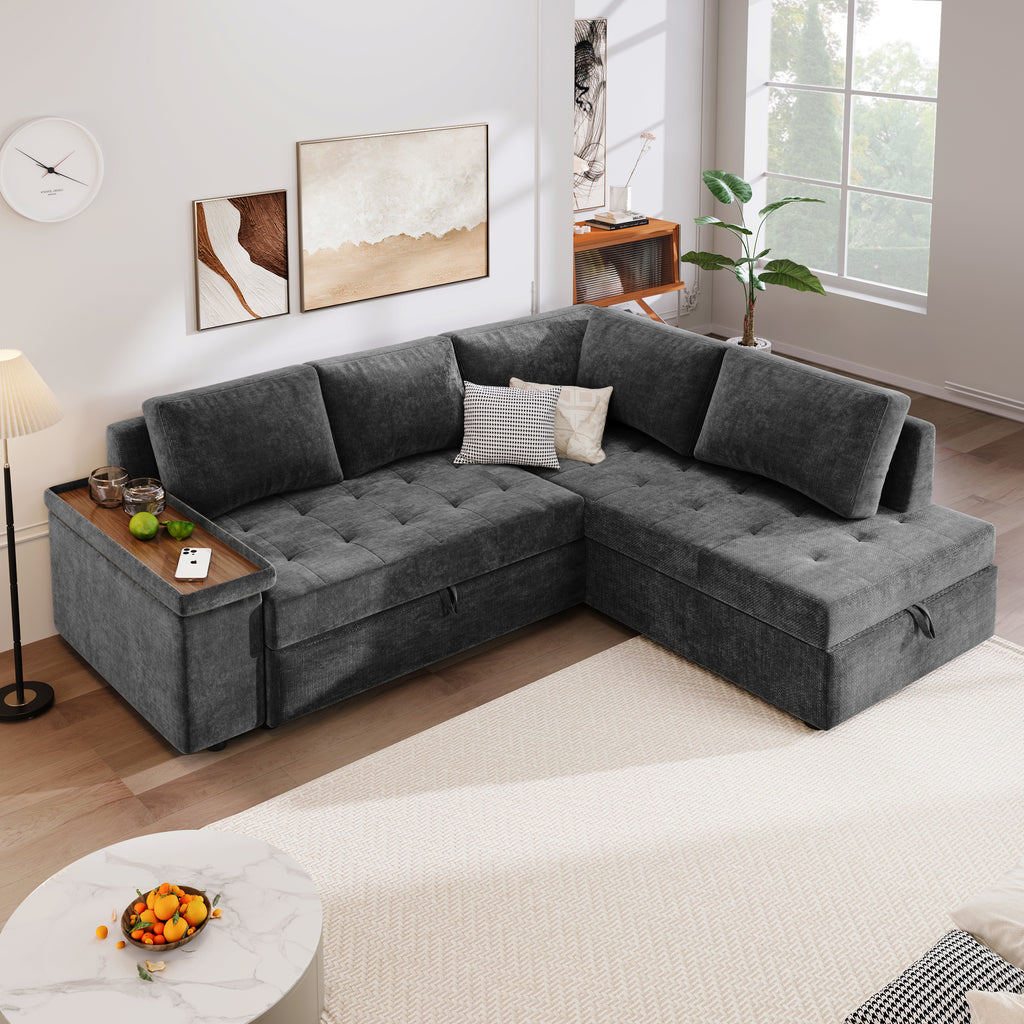 Mirod 91.5-Inch L Shaped Couch with Pull Out Bed and Storage Sectional Sleeper Sofa with Hidden Storage , Wide Armrest with storage,for Living Room, Apartment, Bedroom, Office - Grand Goldman Shop