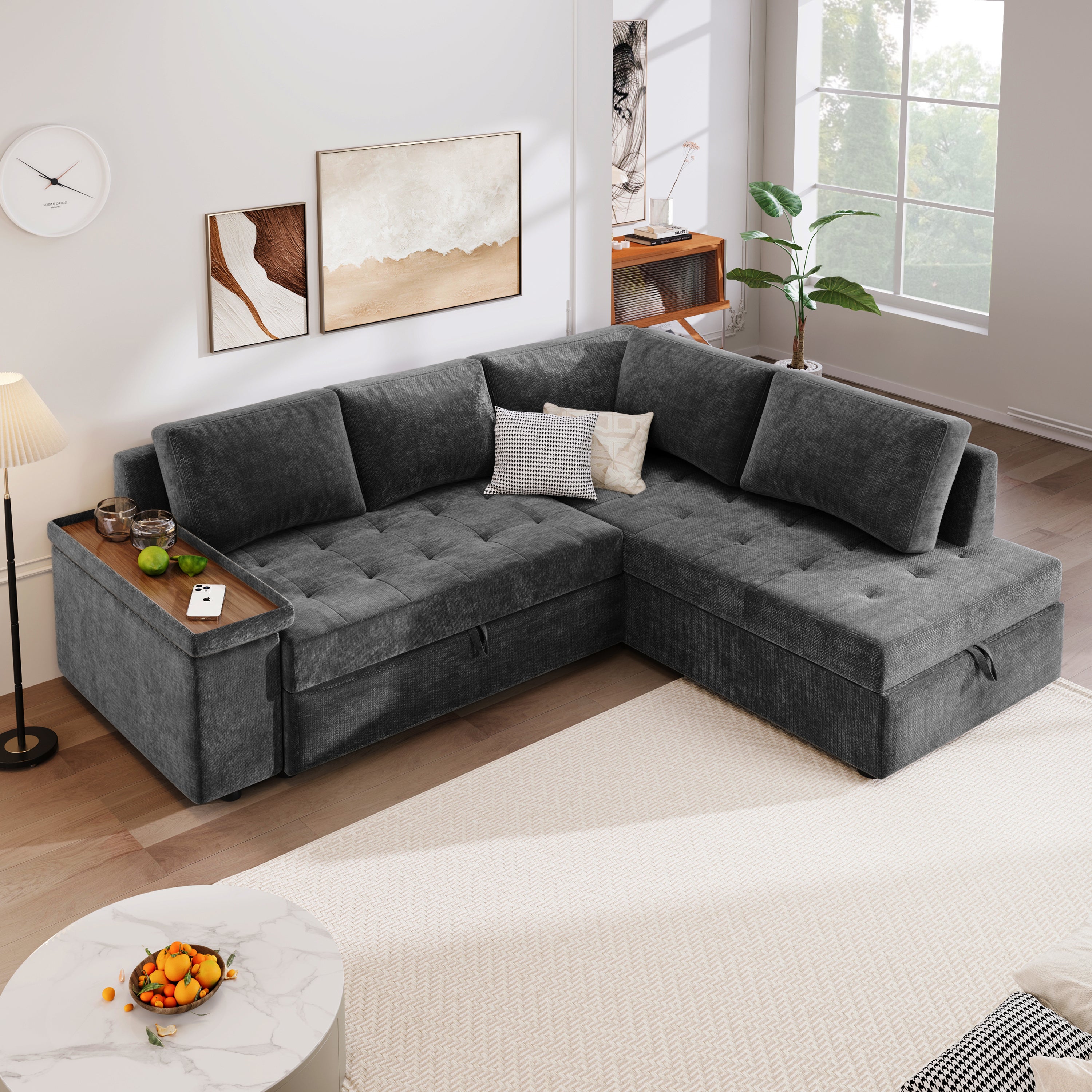 Mirod 91.5-Inch L Shaped Couch with Pull Out Bed and Storage Sectional Sleeper Sofa with Hidden Storage , Wide Armrest with storage,for Living Room, Apartment, Bedroom, Office - Grand Goldman Shop