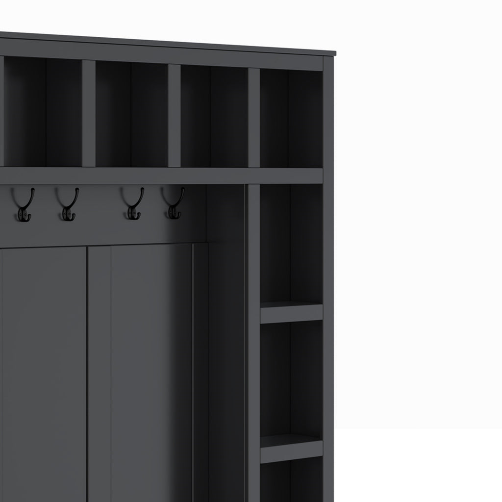 Farmhouse Wooden Hall Tree with 6 Hooks, Walnut Storage Bench with Adjustable Shelves,  4-in-1 Entryway Shoe Cabinet with Cubbies for Mudroom, Living Room, Black, 76.7'H (OLD SKU: N721S000044B) - Grand Goldman Shop