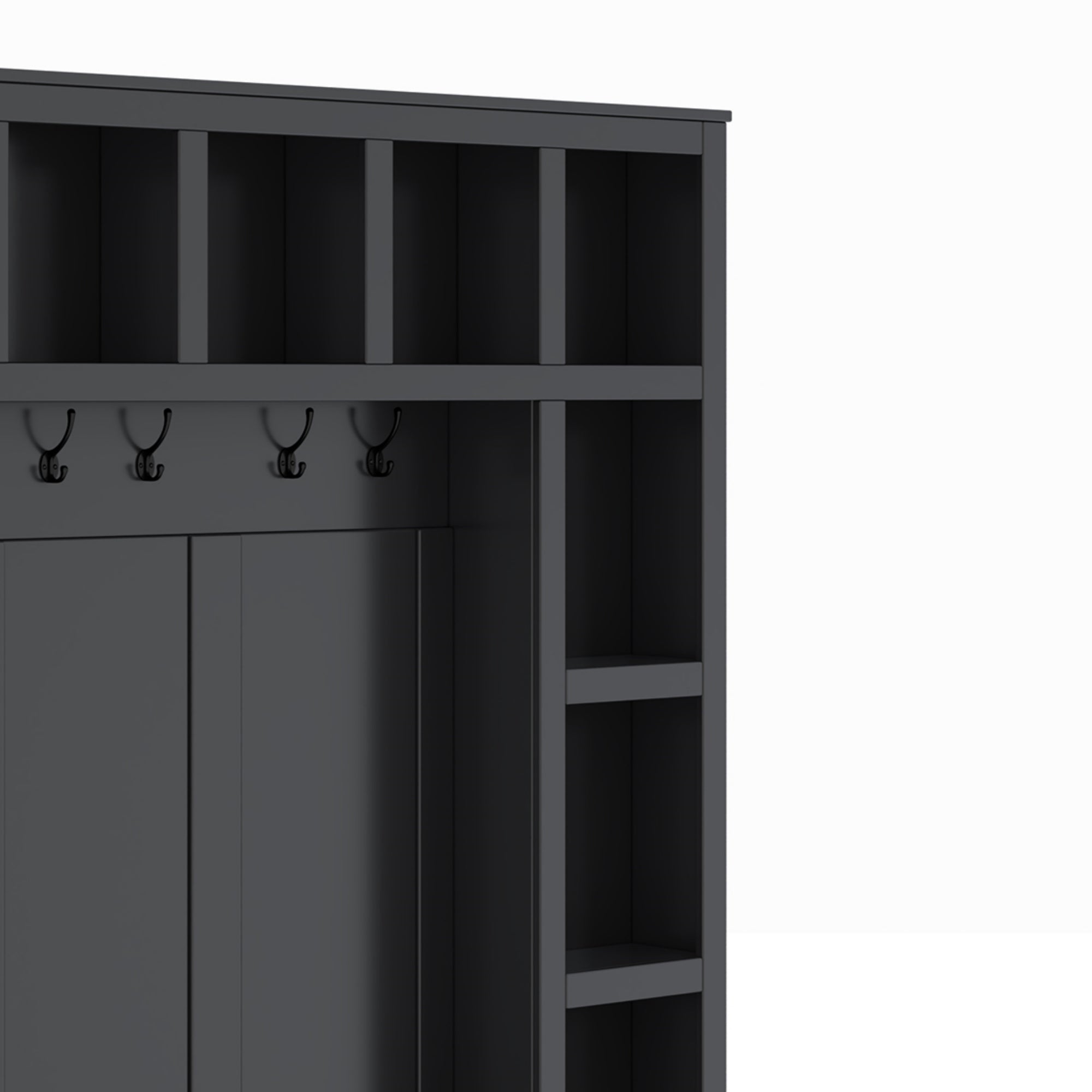 Farmhouse Wooden Hall Tree with 6 Hooks, Walnut Storage Bench with Adjustable Shelves,  4-in-1 Entryway Shoe Cabinet with Cubbies for Mudroom, Living Room, Black, 76.7'H (OLD SKU: N721S000044B) - Grand Goldman Shop