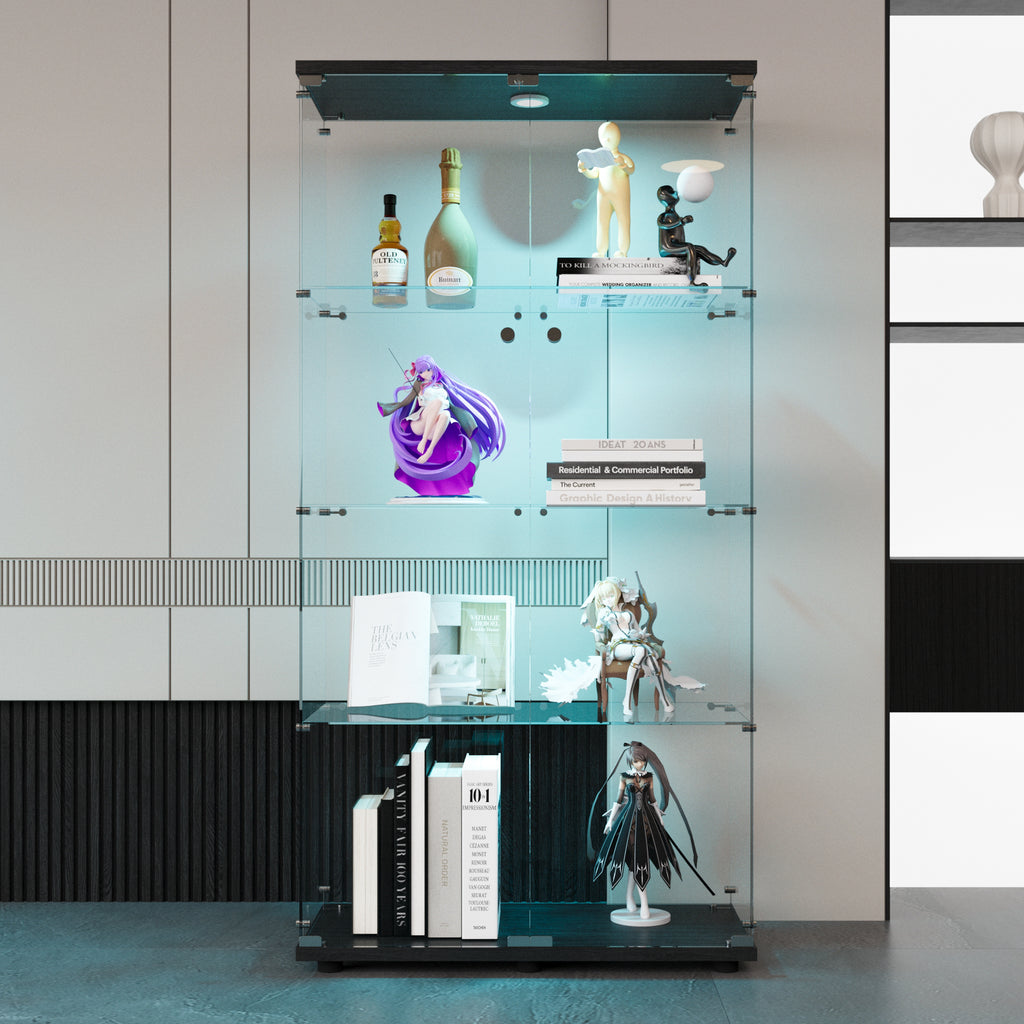 Two-door LED lights  Glass Display Cabinet 4 Shelves with Door, Floor Standing Curio Bookshelf for Living Room Bedroom Office