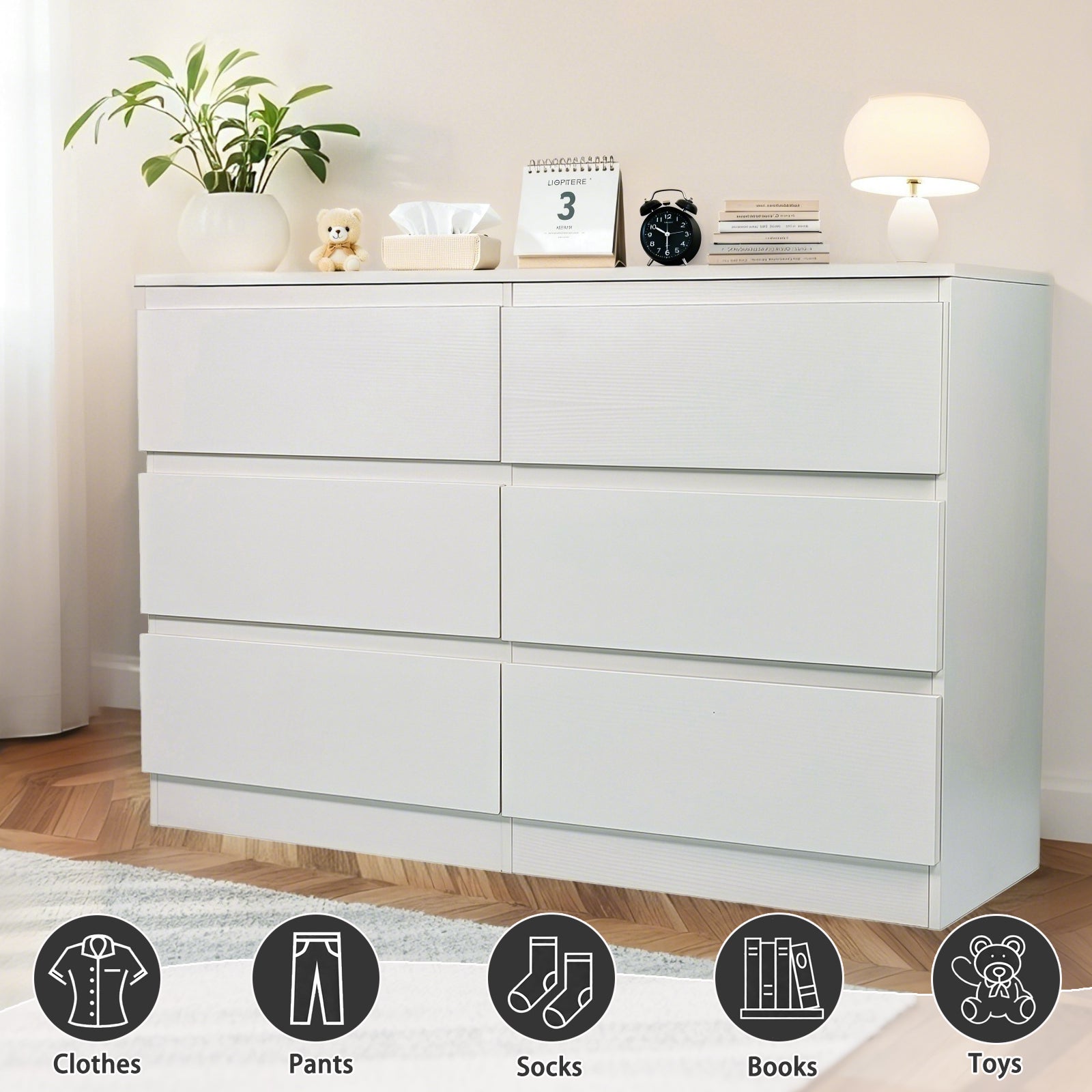 Modern 6 Drawer Dresser with Spacious Countertop and Concealed Handles, Storage Cabinet for Bedroom and Living Room, White MDF - Grand Goldman Shop