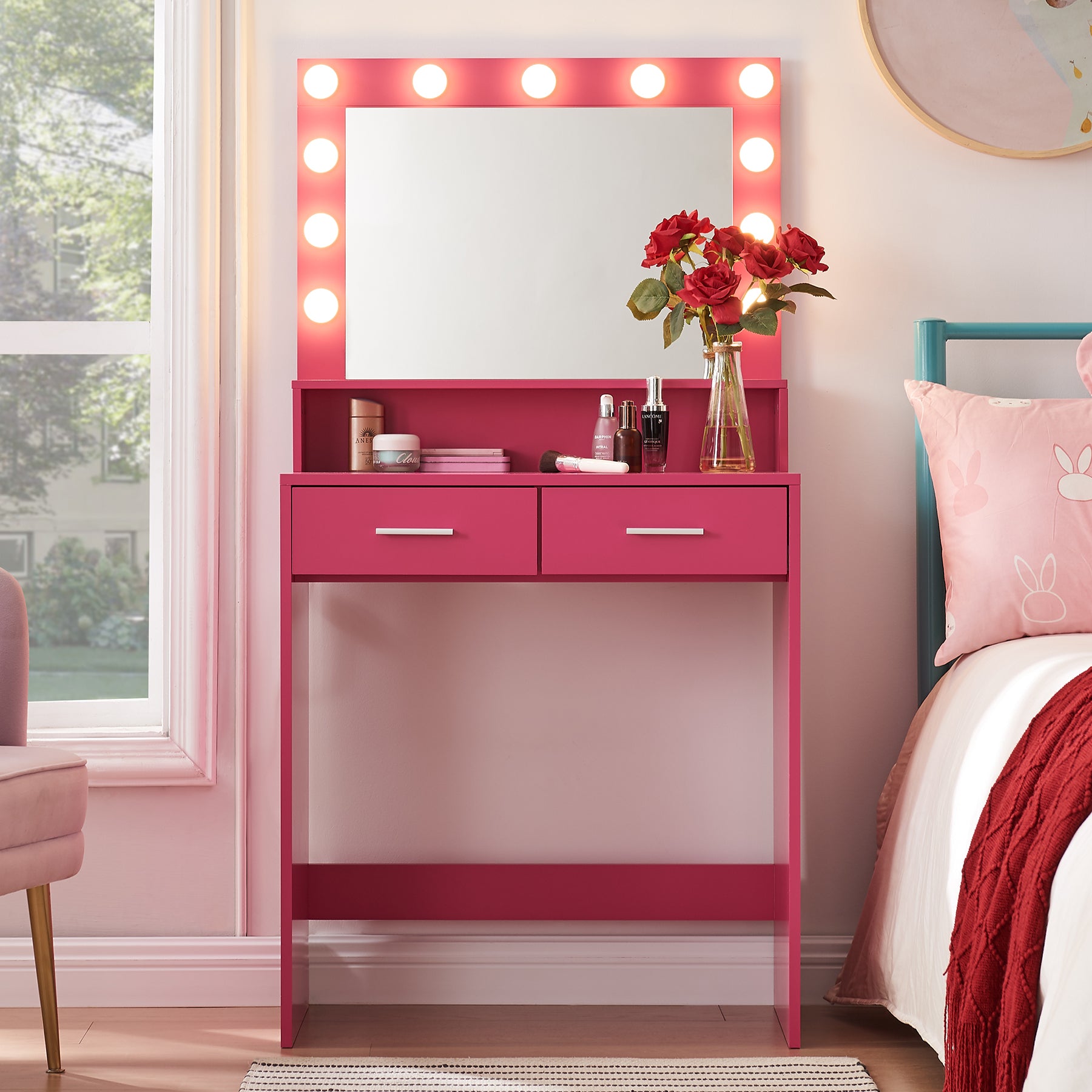 Vanity Desk with Mirror and Lights, Dressing Table with Large Drawer, 2 Level Storage Dresser & 3 Lighting Modes Adjustable Brightness, Suitable for Bedroom(Rose Pink) - Grand Goldman Shop