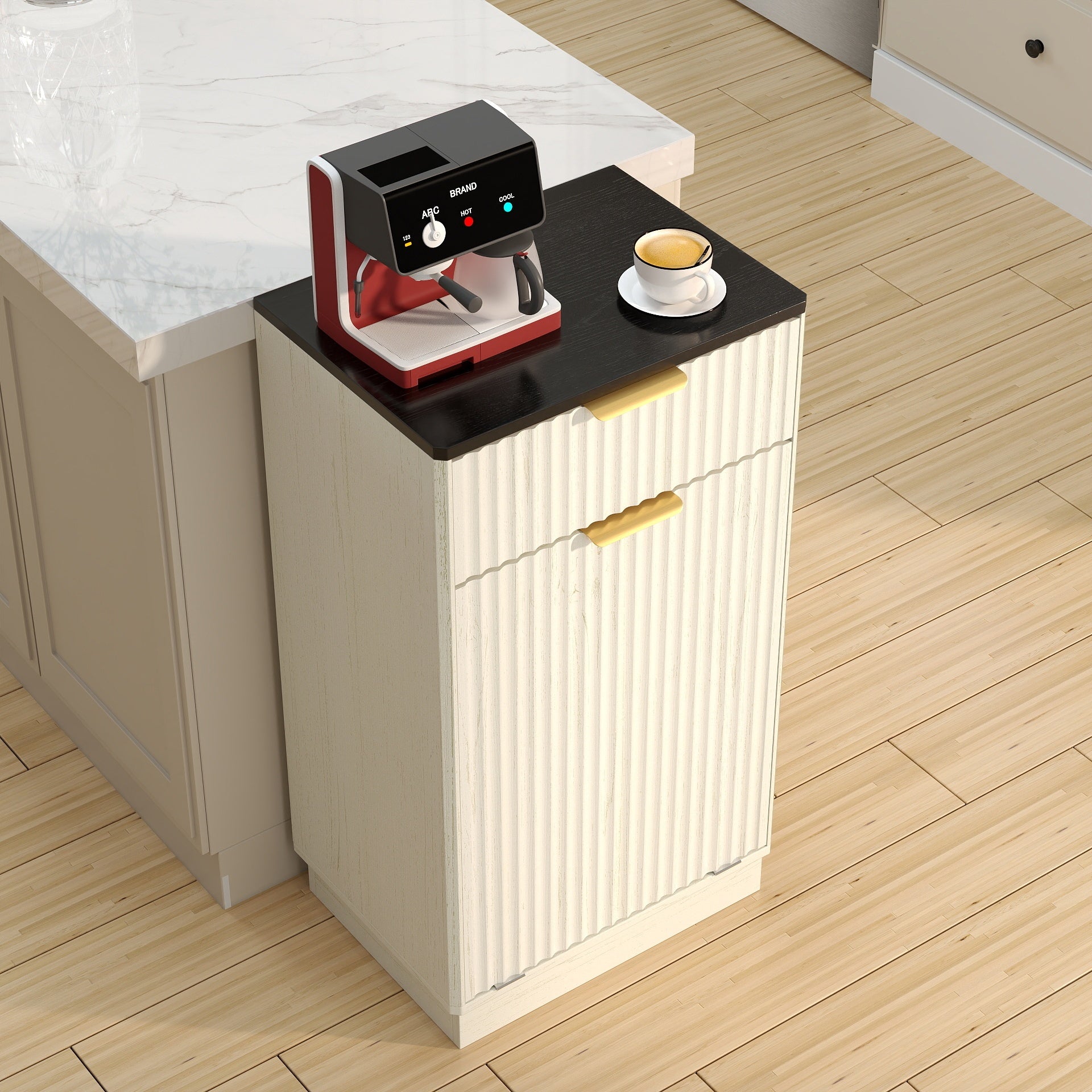 10-Gallon Woodgrain Tilt-Out Trash Can Cabinet Wooden Garbage Recycling Cabinet with Wave-Textured Hideaway Drawer&Pull-Out Bin-Multipurpose Kitchen/Bath Organizer in Antique White Finish - Grand Goldman Shop