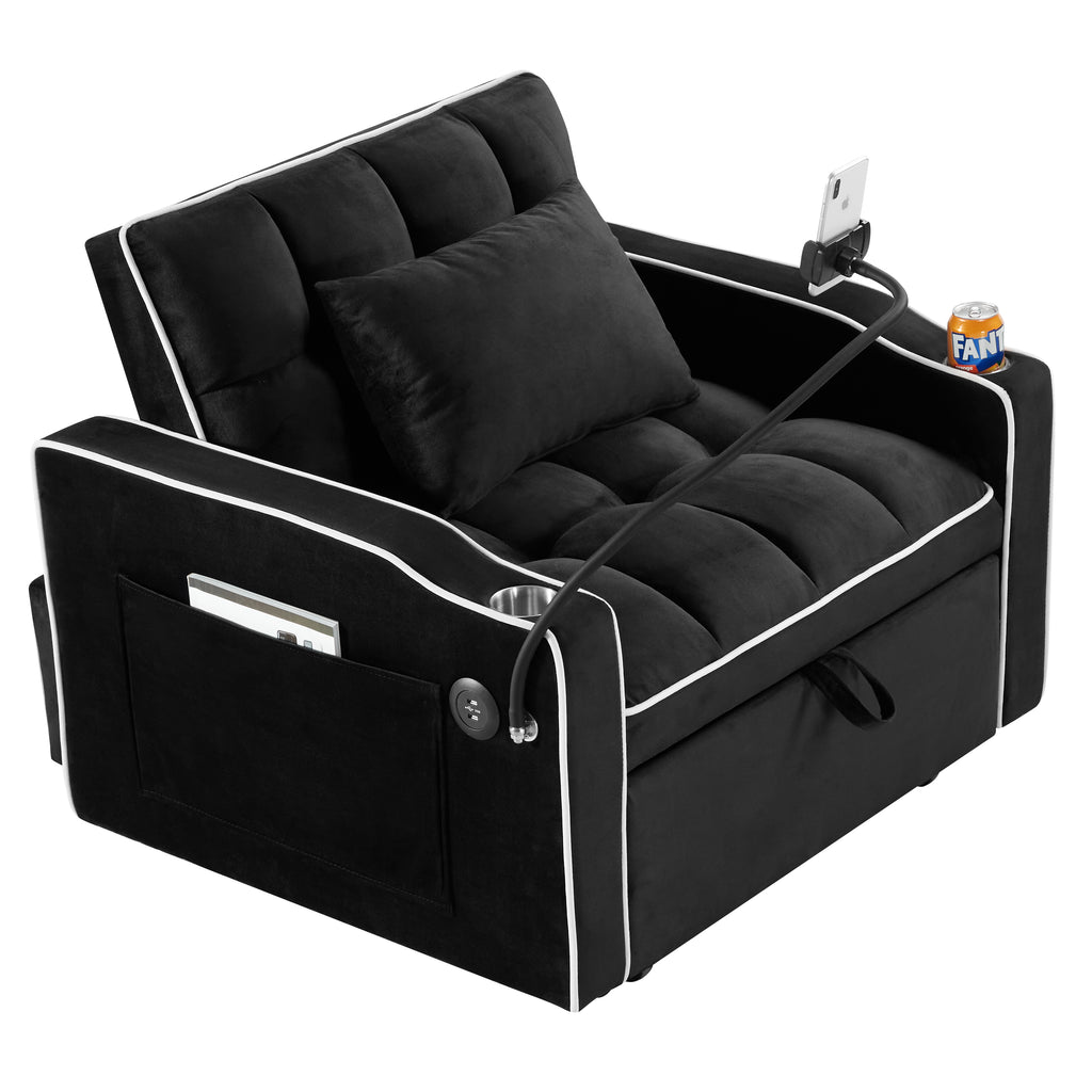 Convertible Sleeper Chair Sofa Bed with Multi-Pockets, Adjustable Pull Out Sofa for Small Spaces, Black Velvet - Grand Goldman Shop