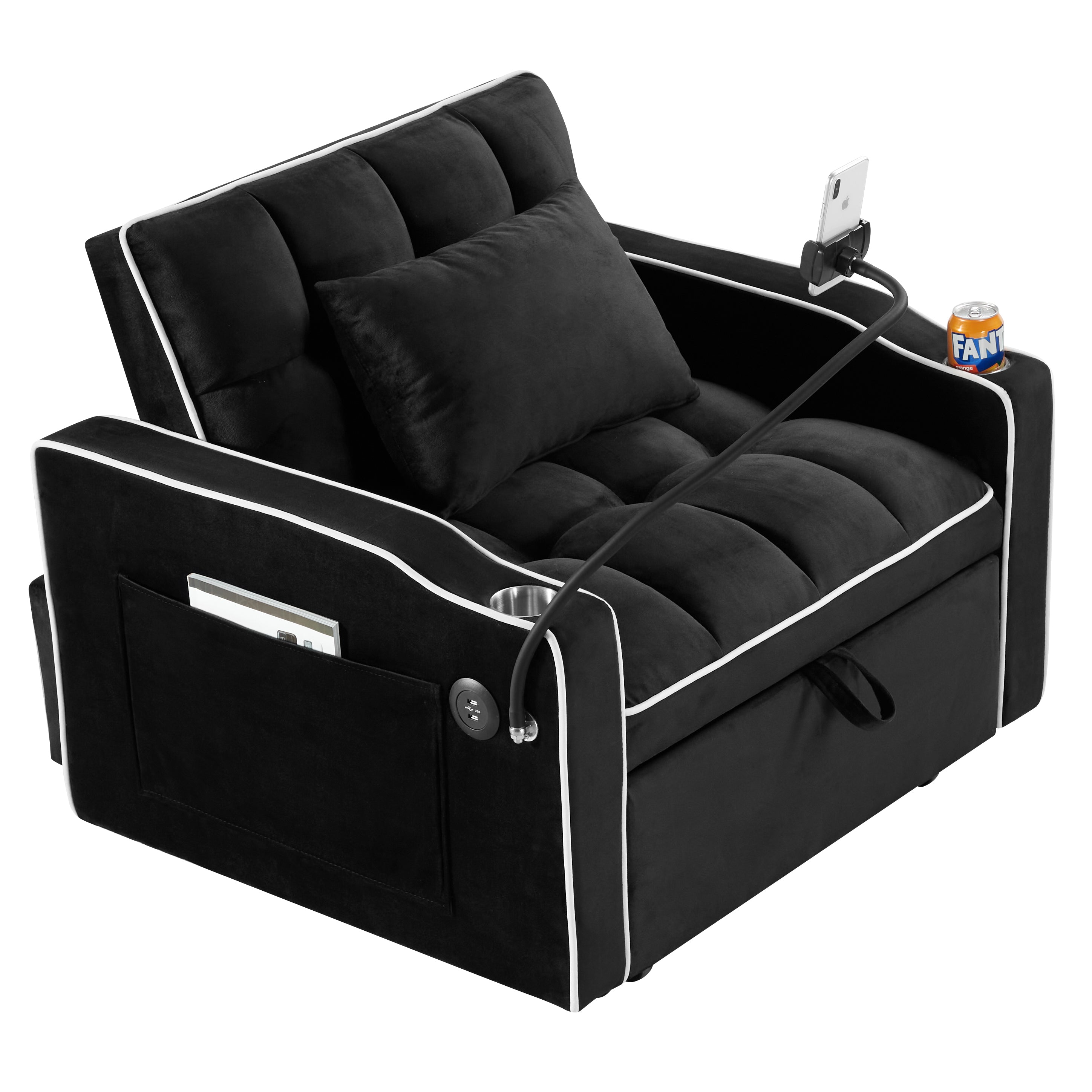 Convertible Sleeper Chair Sofa Bed with Multi-Pockets, Adjustable Pull Out Sofa for Small Spaces, Black Velvet - Grand Goldman Shop