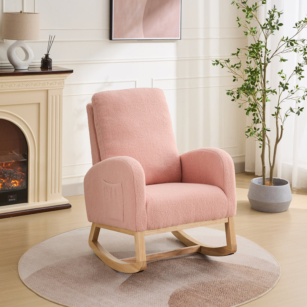27.2'W Rocking Chair for Nursery, Sherpa Glider Chair with High Back and Side Pocket, Rocking Accent Armchair with Rubber Wood Legs for Living Room/Bedroom.Pink - Grand Goldman Shop