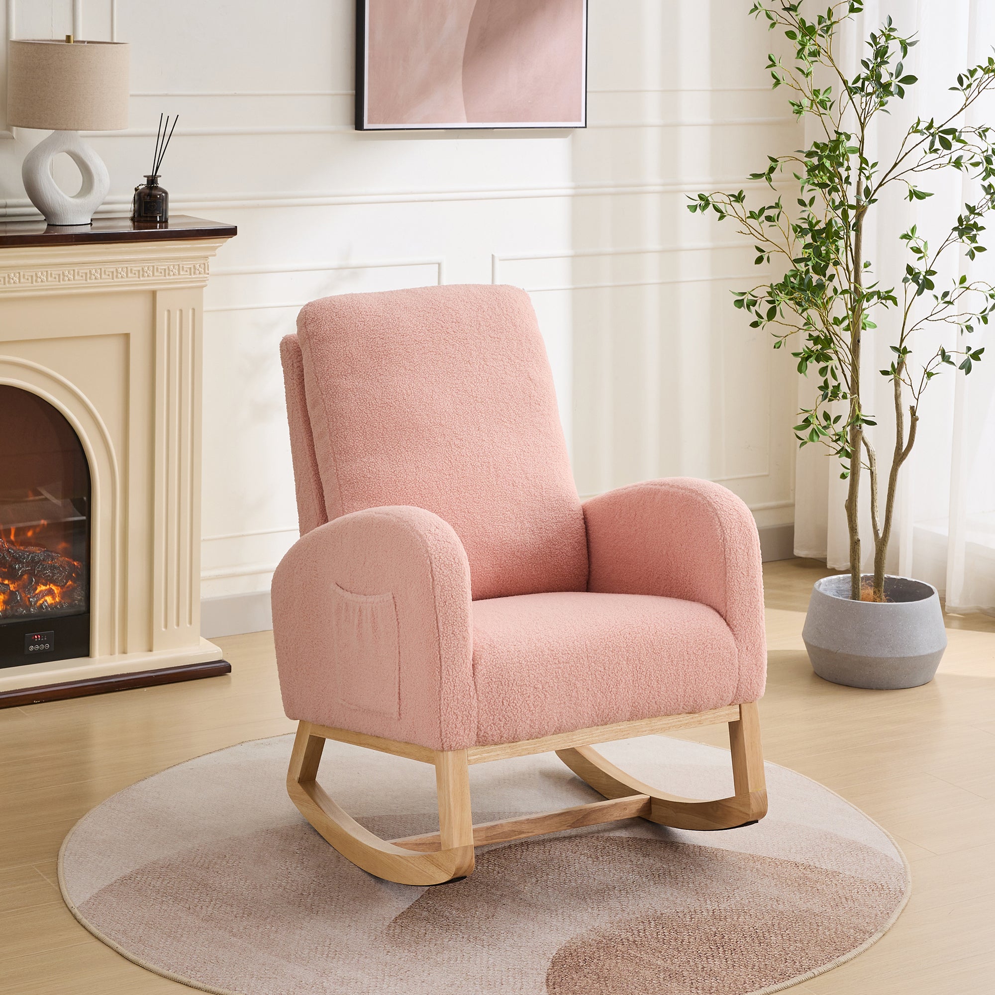 27.2'W Rocking Chair for Nursery, Sherpa Glider Chair with High Back and Side Pocket, Rocking Accent Armchair with Rubber Wood Legs for Living Room/Bedroom.Pink - Grand Goldman Shop