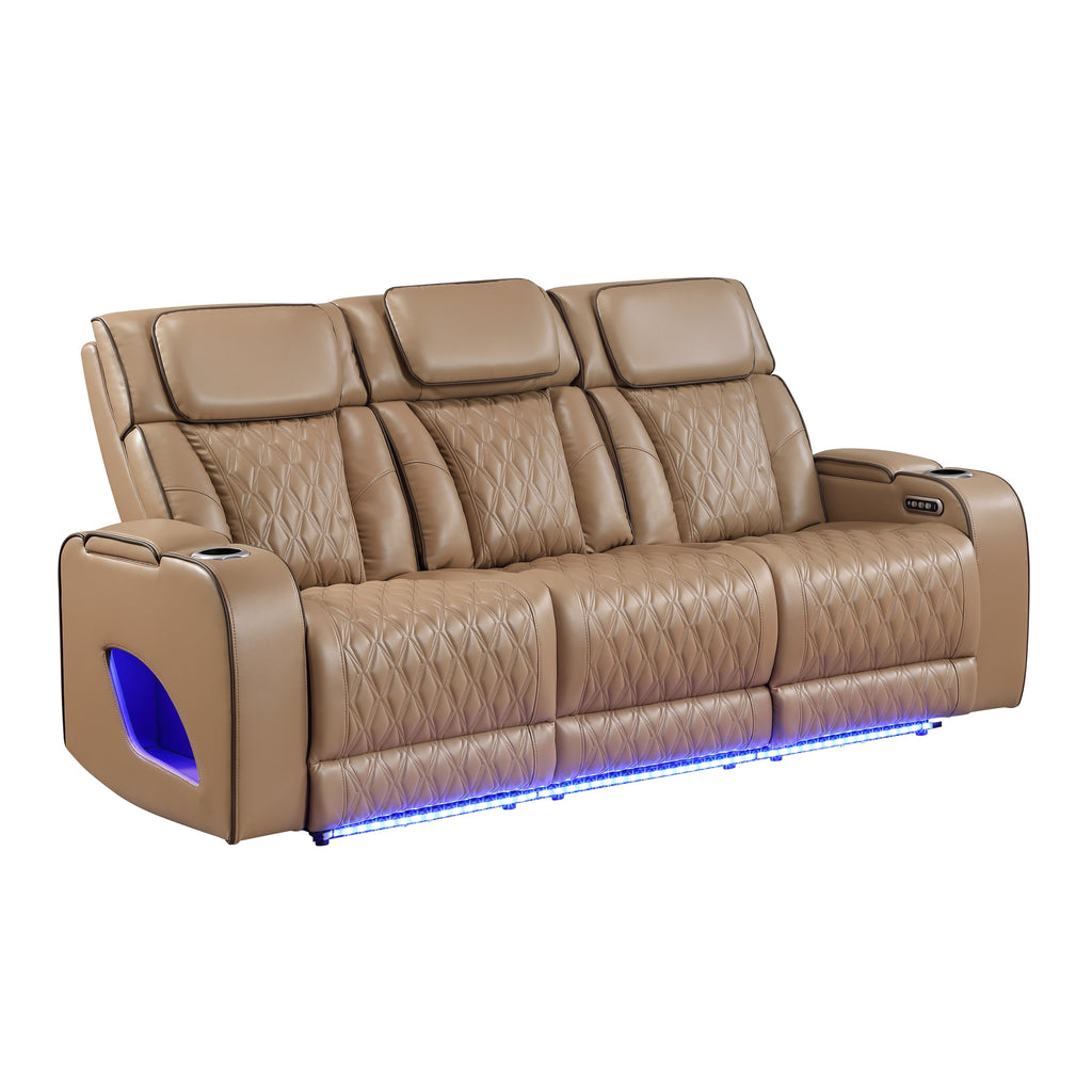 Fortuner Power Reclining 2Pc Living Room Set in Caramel Faux Leather with LED Lights, Massage Function, Bluetooth Speakers and Wireless Charging - Grand Goldman Shop
