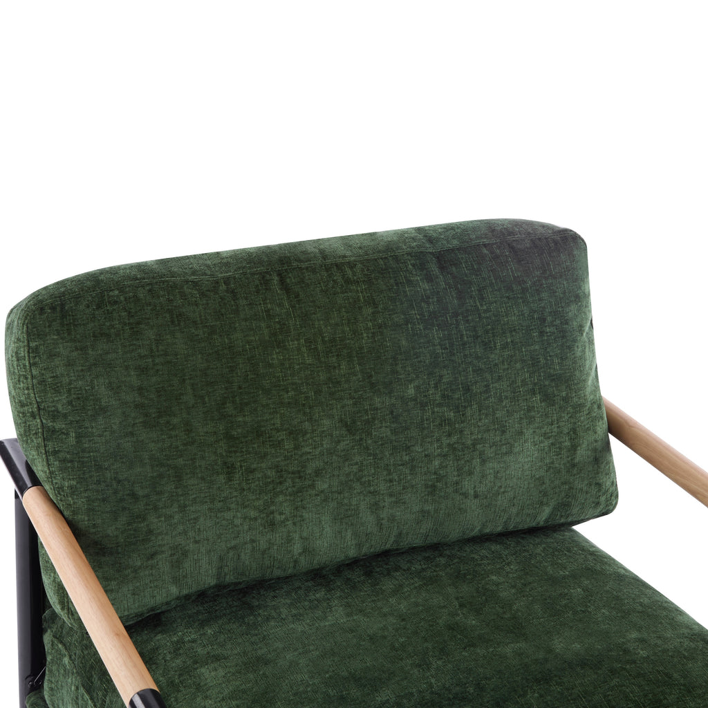 Modern Accent Chair with Plush Cushions, Minimalist Metal Frame, Wooden Armrest Design, Green - Grand Goldman Shop