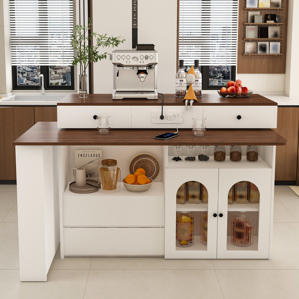 Kitchen Island with Extendable & Rotating Table, MDF with Walnut Veneer Retro Design, 4 Drawers & Glass Door Cabinets with Built-in Socket, Expandable Dining Station for 2-4 Person - Grand Goldman Shop