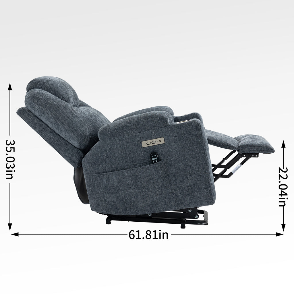 Up to 350 LBS Chenille Power Lift Recliner Chair, Heavy Duty Motion Mechanism with 8-Point Vibration Massage and Lumbar Heating, USB and Type-C Ports, Stainless Steel Cup Holders, Blue - Grand Goldman Shop