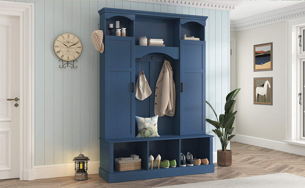 ON-TREND Modern All-in-One Hall Tree with Adjustable Shelves, Classic Arched Farmhouse Storage Bench with Dual Side Cabinets, Elegant Entryway Organizer with 7 Hooks for Mudroom, Hallway, Blue - Grand Goldman Shop