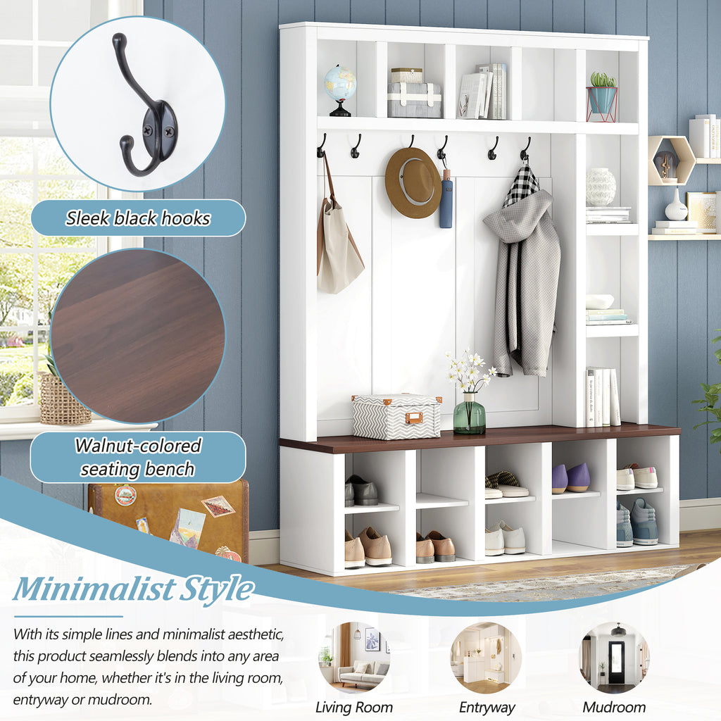 Farmhouse Wooden Hall Tree with 6 Hooks, Walnut Storage Bench with Adjustable Shelves, 4-in-1 Entryway Shoe Cabinet with Cubbies for Mudroom, Living Room, White, 76.7'H (OLD SKU: N721S000044K) - Grand Goldman Shop